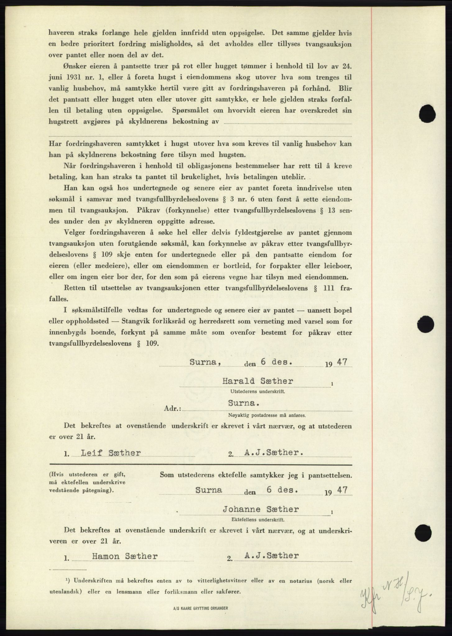 Nordmøre sorenskriveri, AV/SAT-A-4132/1/2/2Ca: Pantebok nr. B97, 1947-1948, Dagboknr: 3008/1947