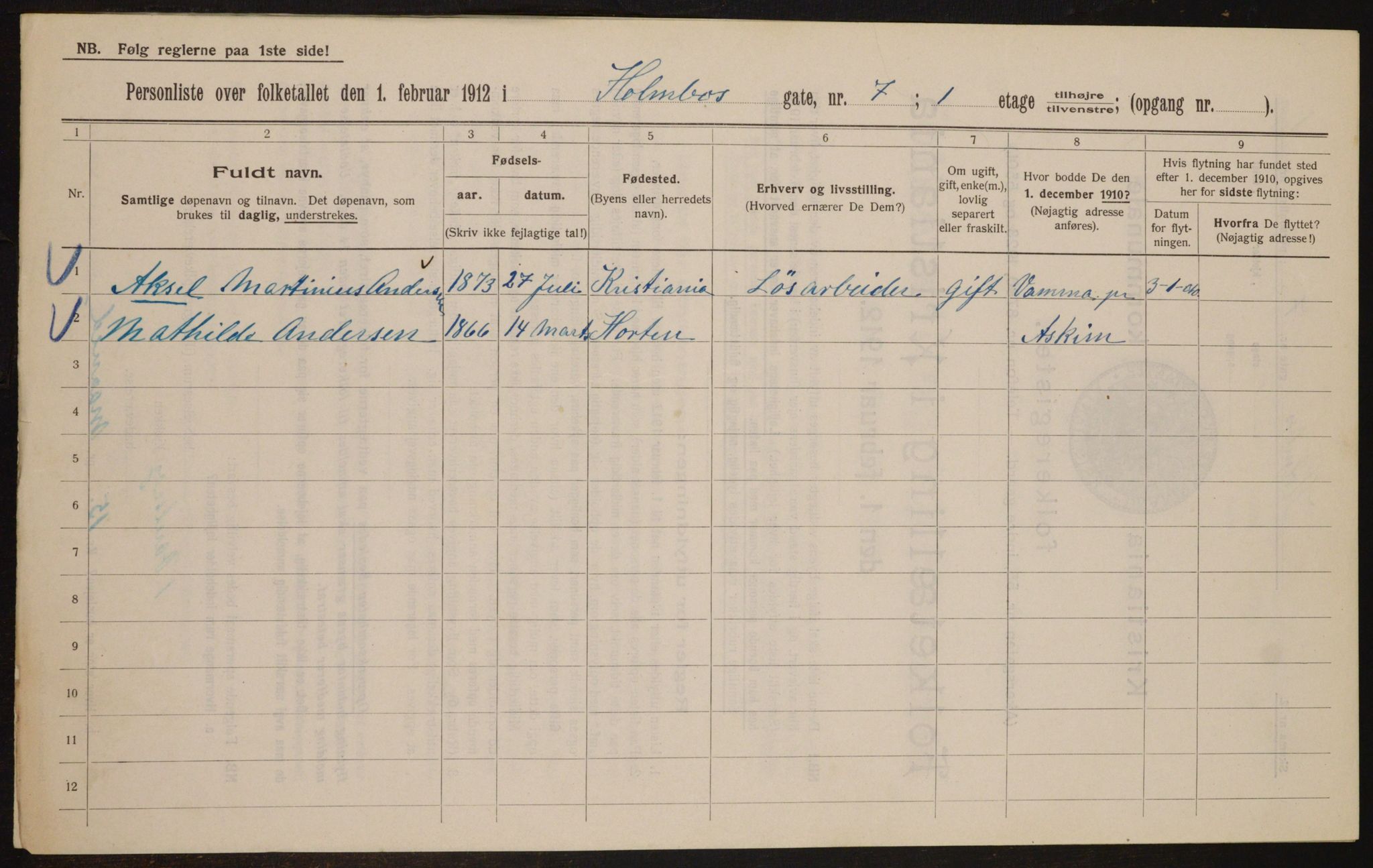 OBA, Kommunal folketelling 1.2.1912 for Kristiania, 1912, s. 41212