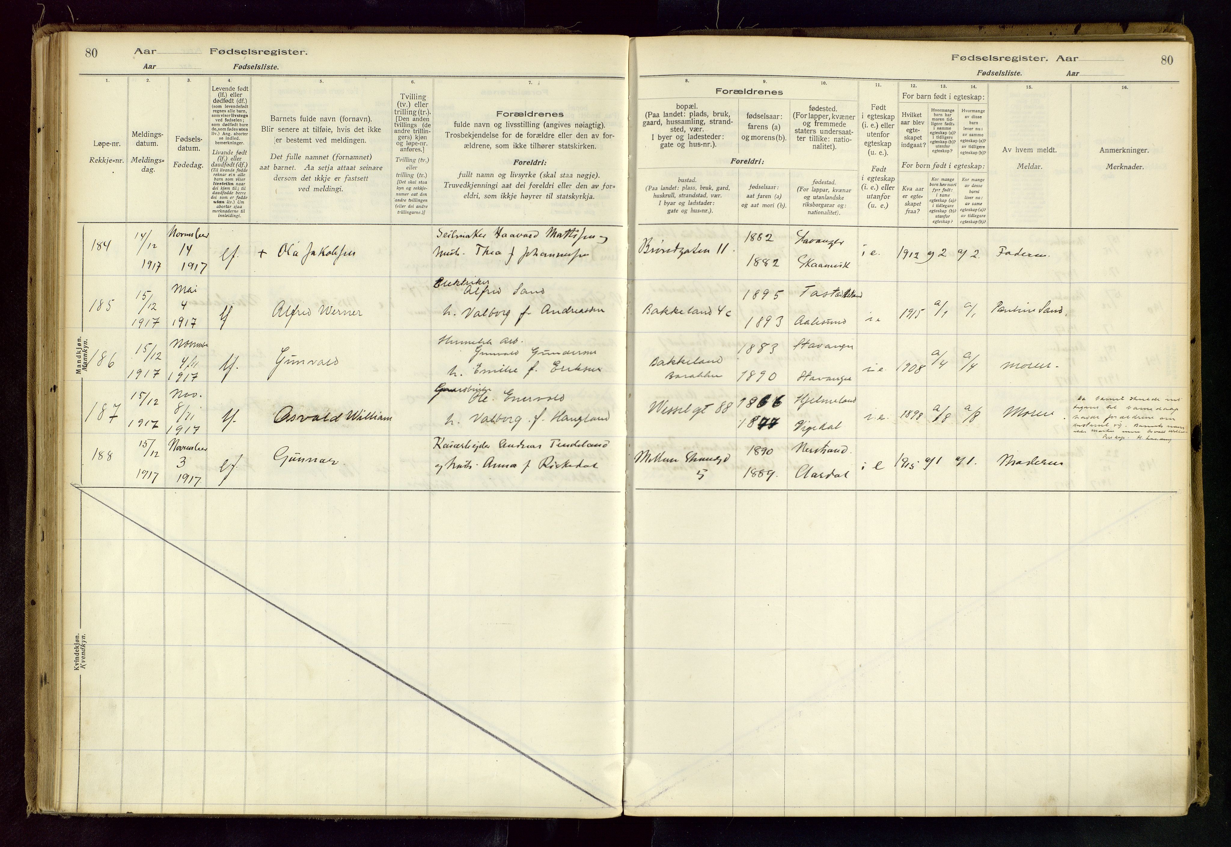 Domkirken sokneprestkontor, AV/SAST-A-101812/002/B/L0001: Fødselsregister nr. 1, 1916-1920, s. 80