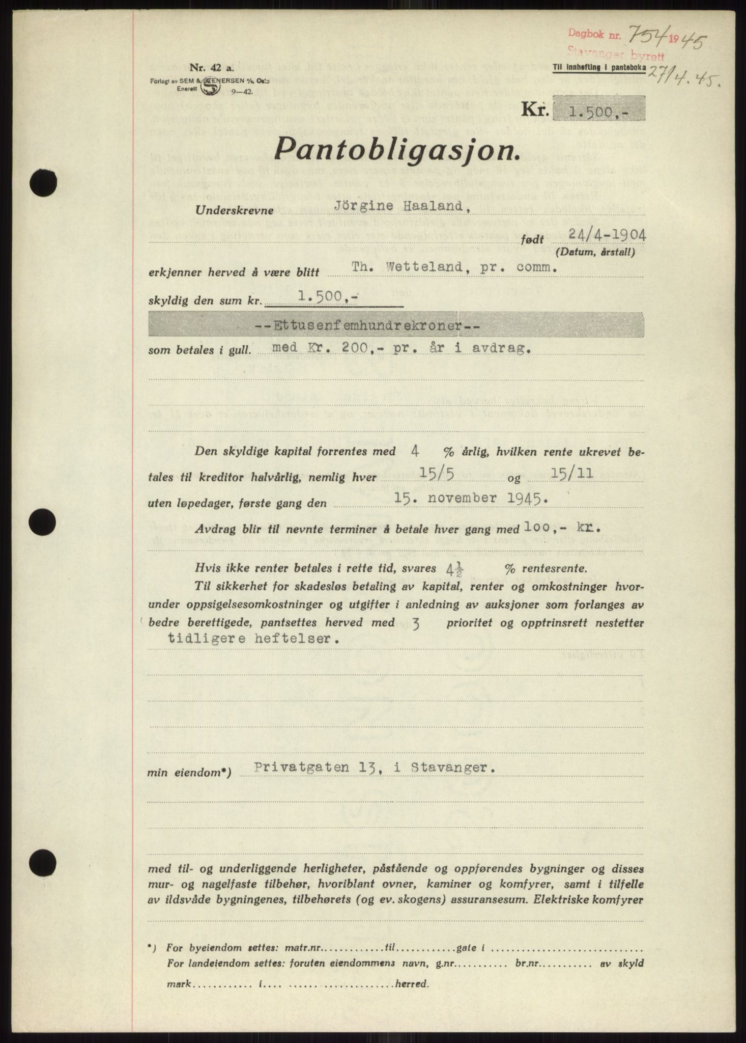 Stavanger byrett, SAST/A-100455/002/G/Gb/L0031: Pantebok, 1943-1947, Dagboknr: 754/1945