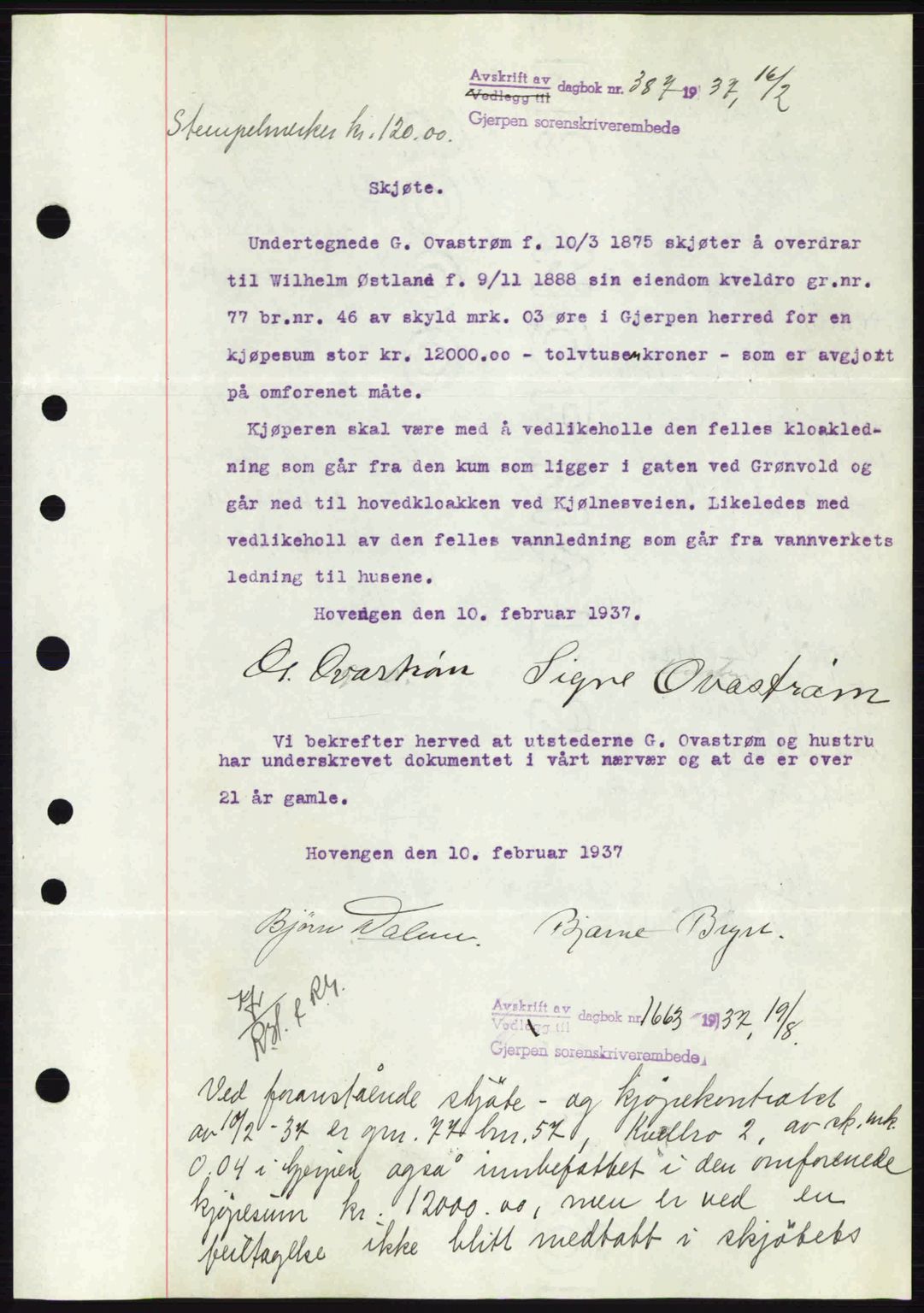 Gjerpen sorenskriveri, SAKO/A-216/G/Ga/Gae/L0067: Pantebok nr. A-66 - A-68, 1936-1937, Dagboknr: 387/1937