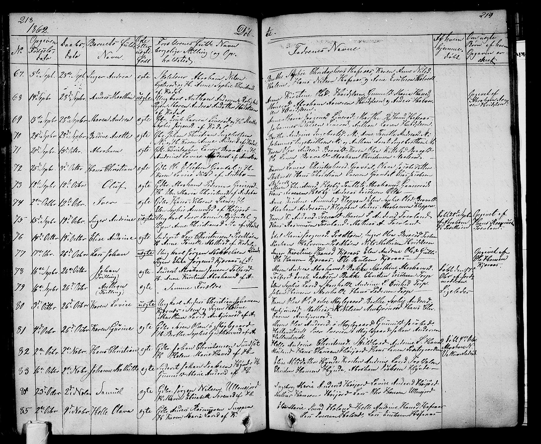 Andebu kirkebøker, AV/SAKO-A-336/G/Ga/L0003: Klokkerbok nr. I 3, 1832-1867, s. 218-219