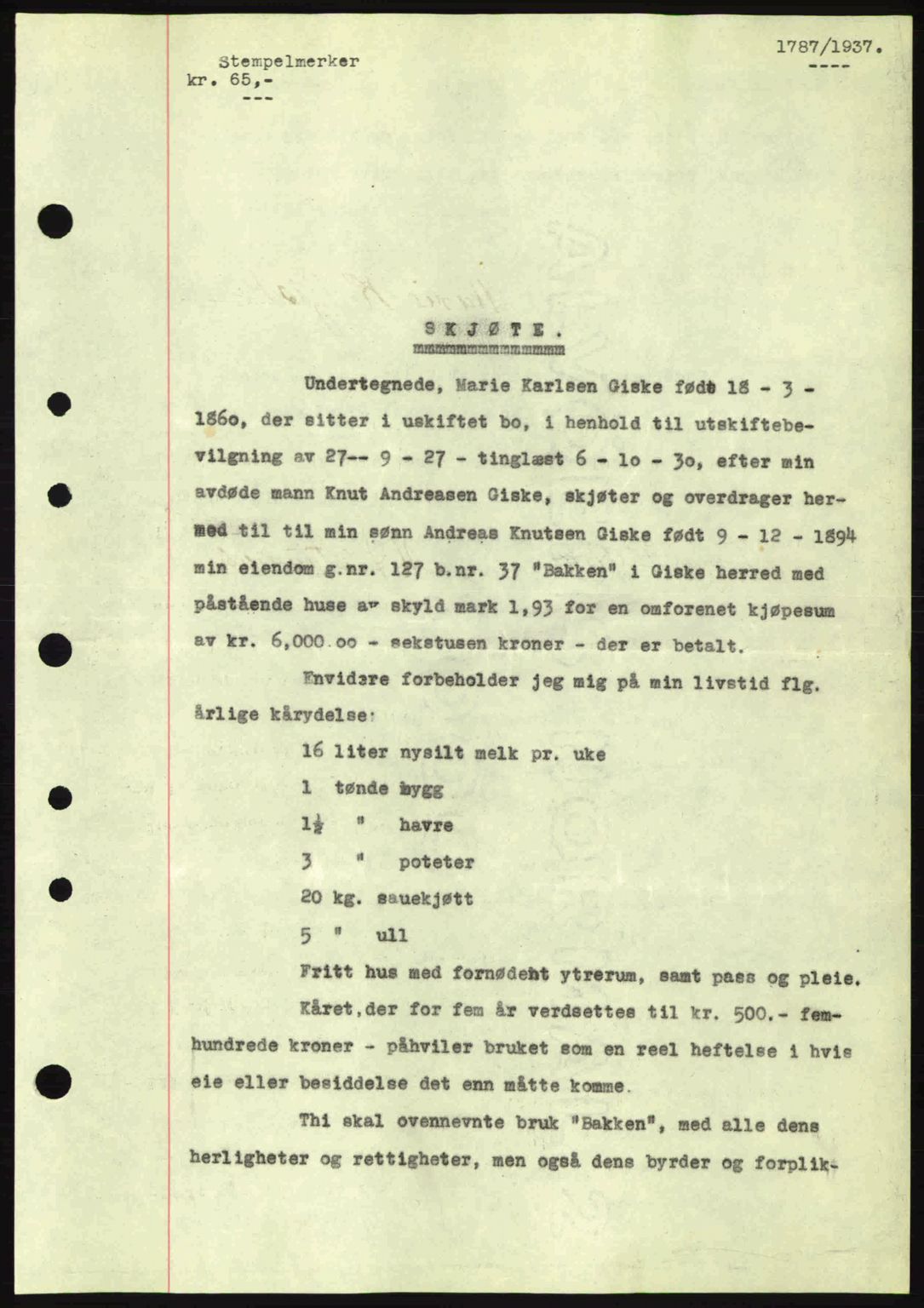 Nordre Sunnmøre sorenskriveri, AV/SAT-A-0006/1/2/2C/2Ca: Pantebok nr. A4, 1937-1938, Dagboknr: 1787/1937