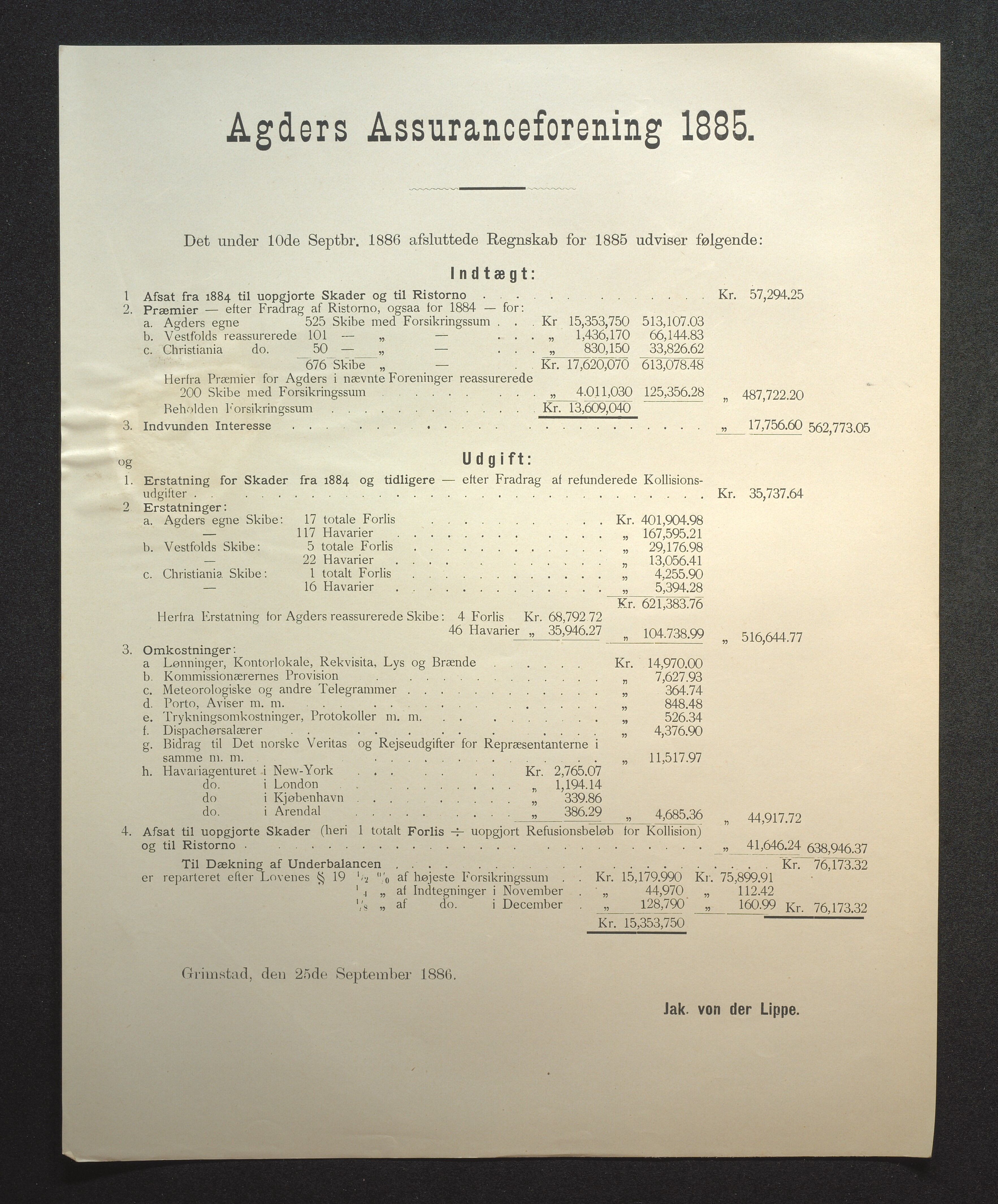 Agders Gjensidige Assuranceforening, AAKS/PA-1718/05/L0002: Regnskap, seilavdeling, pakkesak, 1881-1889