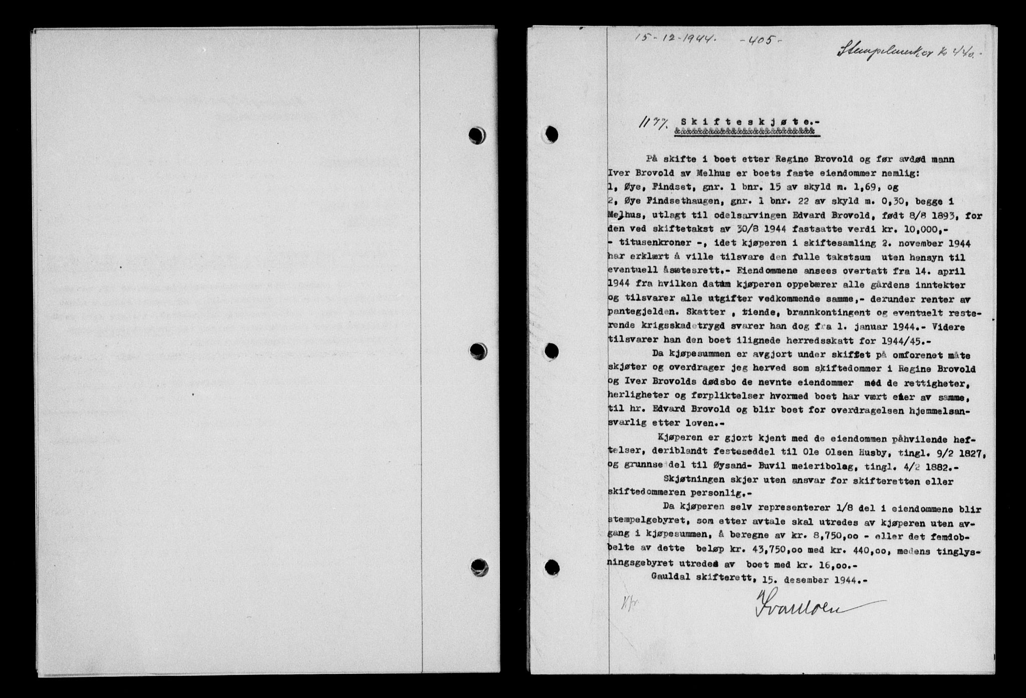Gauldal sorenskriveri, SAT/A-0014/1/2/2C/L0058: Pantebok nr. 63, 1944-1945, Dagboknr: 1177/1944