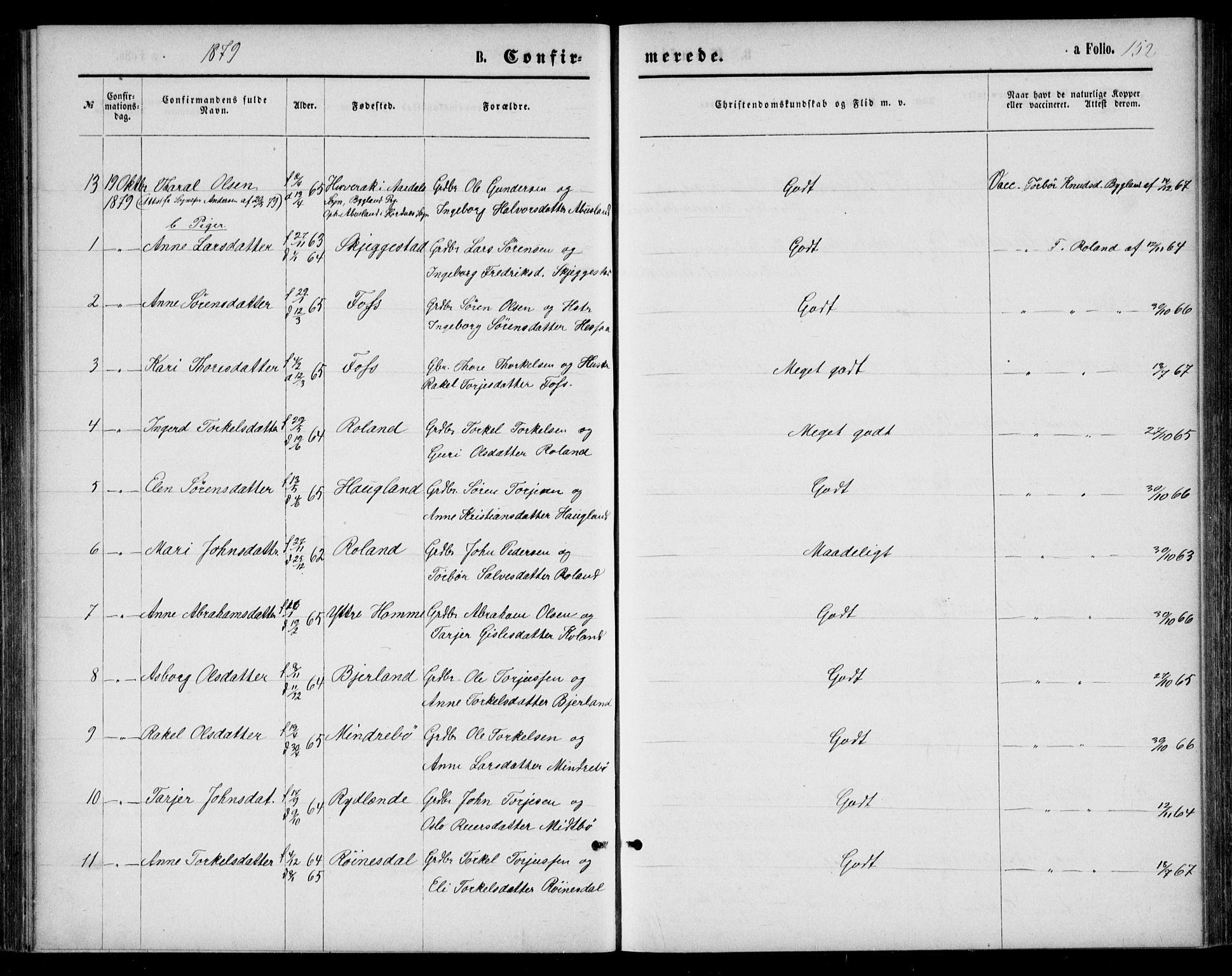 Bjelland sokneprestkontor, AV/SAK-1111-0005/F/Fb/Fba/L0004: Klokkerbok nr. B 4, 1869-1886, s. 152