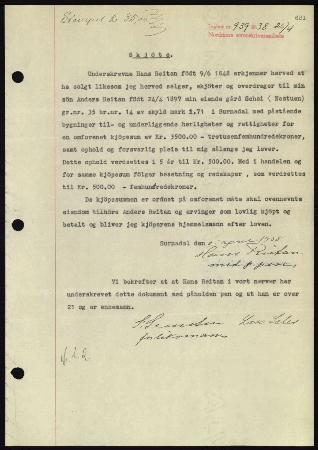 Nordmøre sorenskriveri, SAT/A-4132/1/2/2Ca: Pantebok nr. A83, 1938-1938, Dagboknr: 939/1938