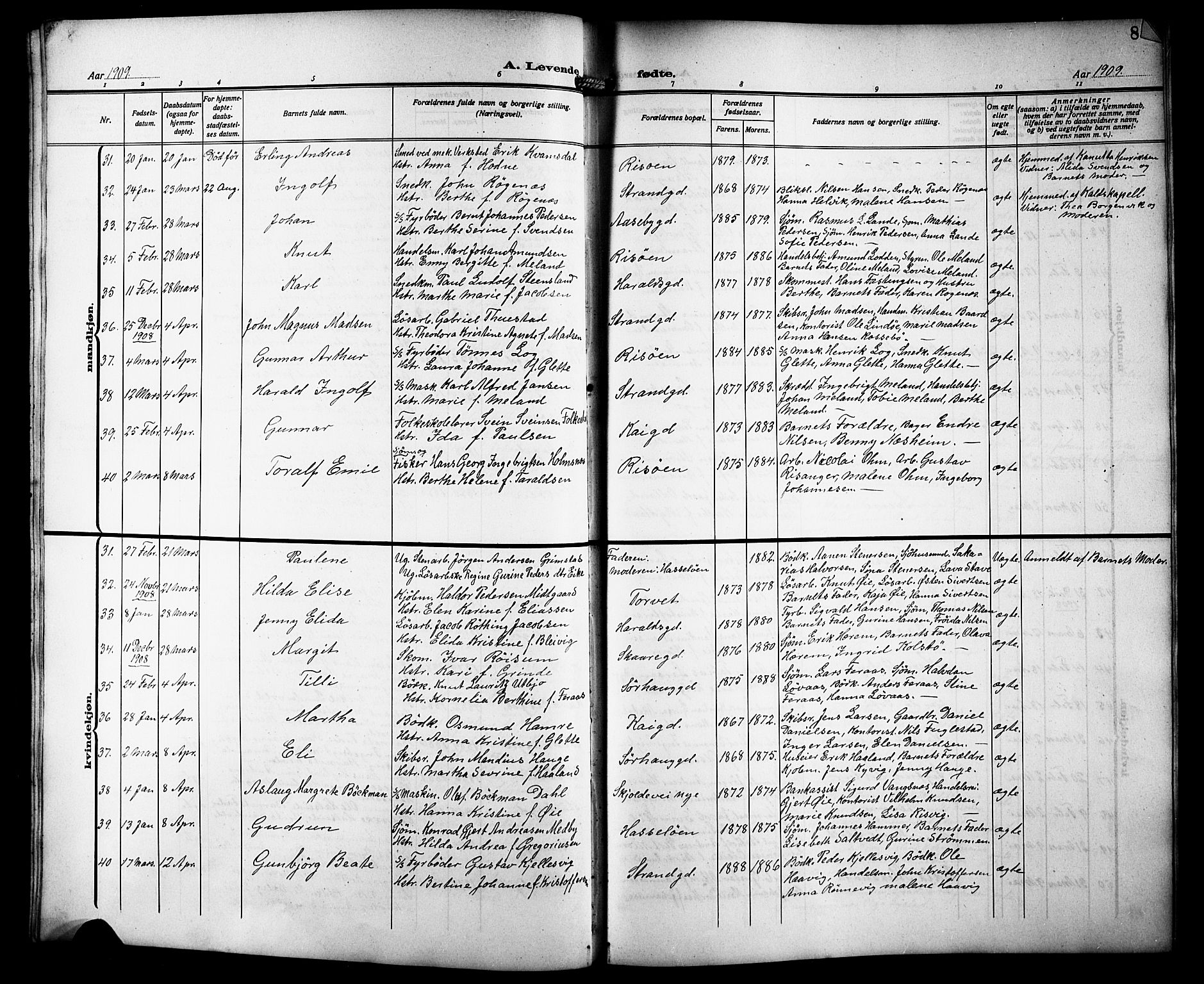 Haugesund sokneprestkontor, AV/SAST-A -101863/H/Ha/Hab/L0007: Klokkerbok nr. B 7, 1909-1920, s. 8