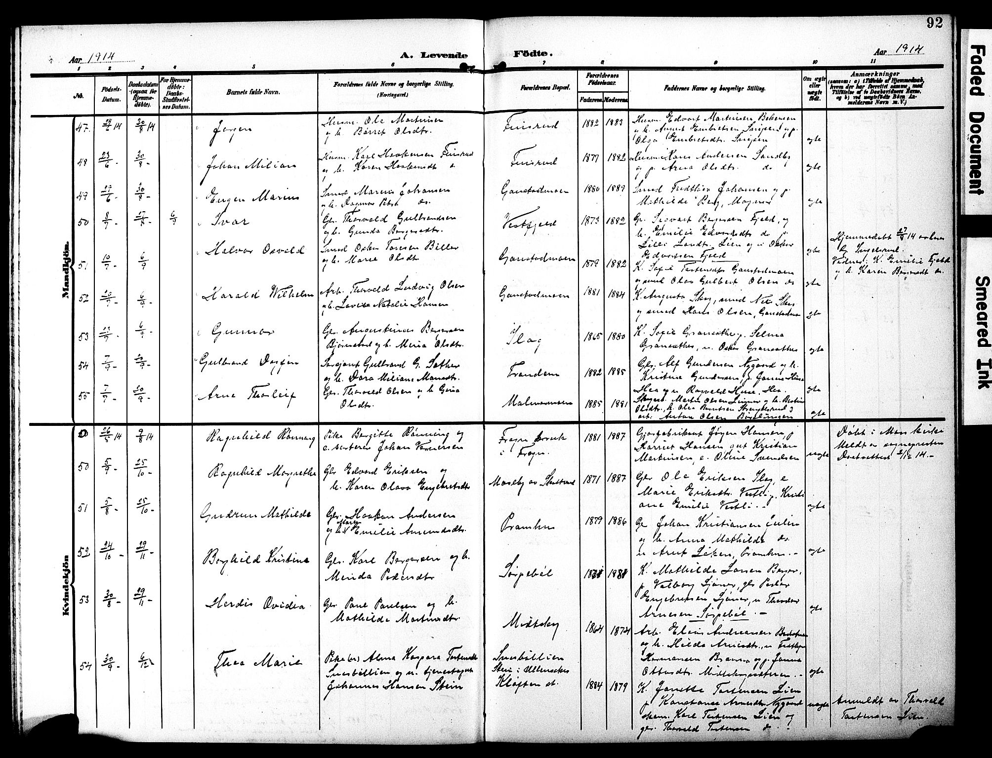 Eidskog prestekontor, AV/SAH-PREST-026/H/Ha/Hab/L0003: Klokkerbok nr. 3, 1904-1919, s. 92