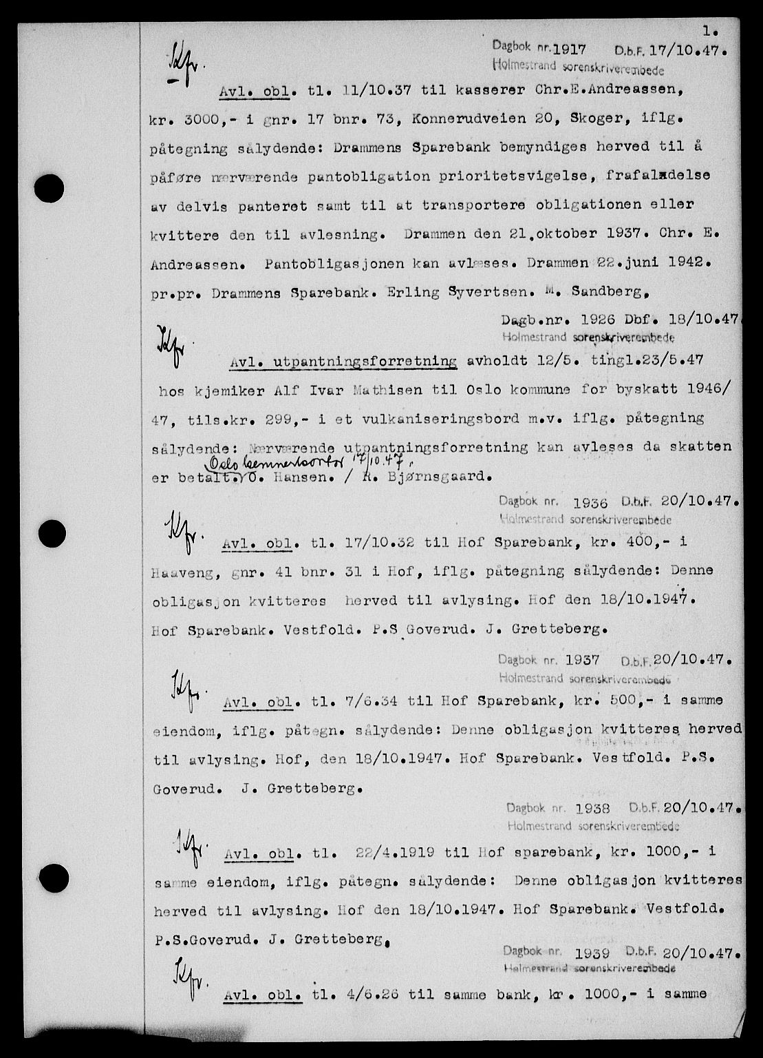 Holmestrand sorenskriveri, SAKO/A-67/G/Ga/Gab/L0058: Pantebok nr. B-58, 1947-1948, s. 1, Dagboknr: 1917/1947