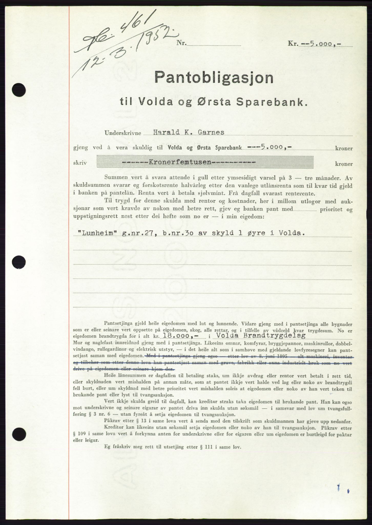 Søre Sunnmøre sorenskriveri, AV/SAT-A-4122/1/2/2C/L0121: Pantebok nr. 9B, 1951-1952, Dagboknr: 461/1952