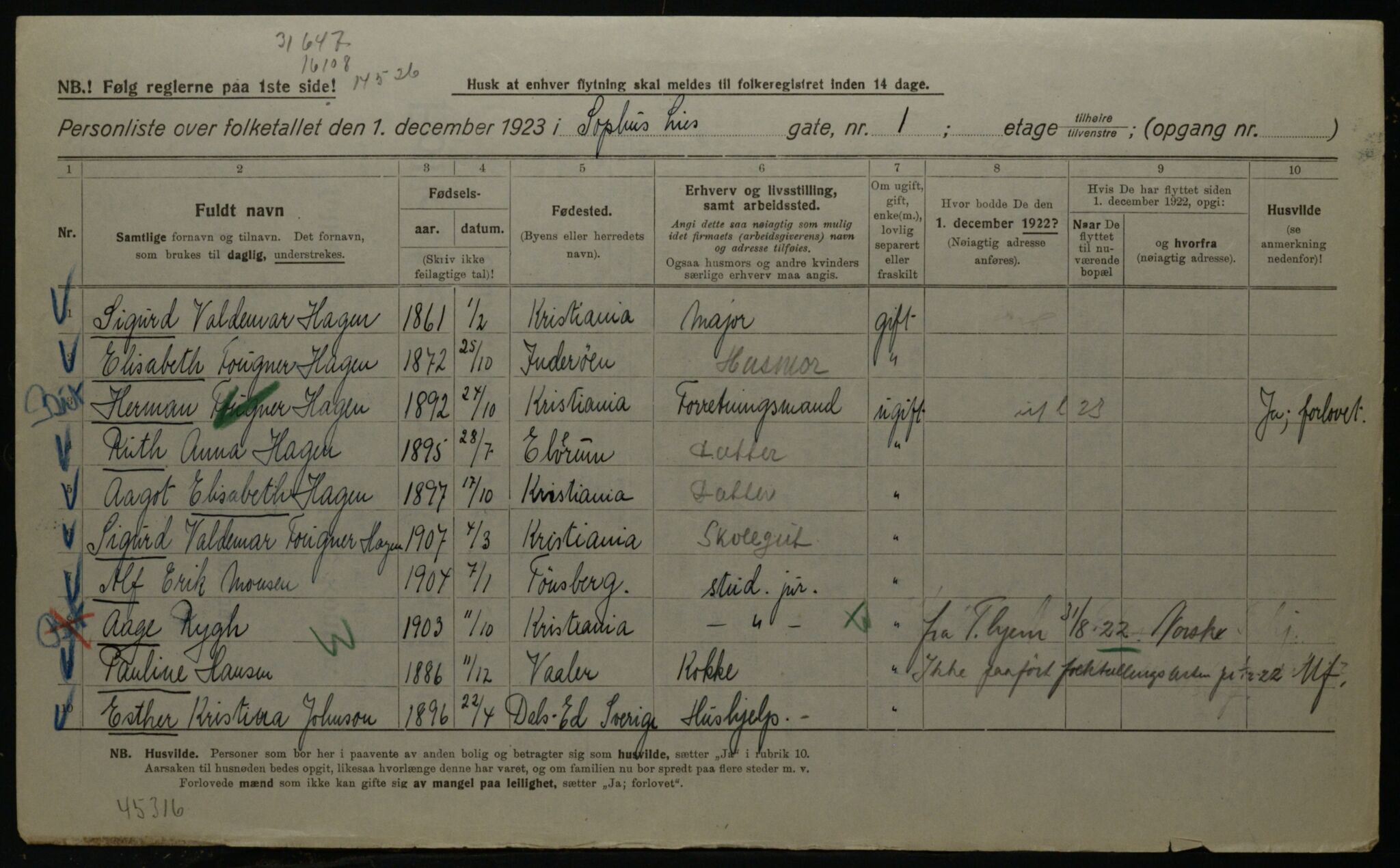 OBA, Kommunal folketelling 1.12.1923 for Kristiania, 1923, s. 109958