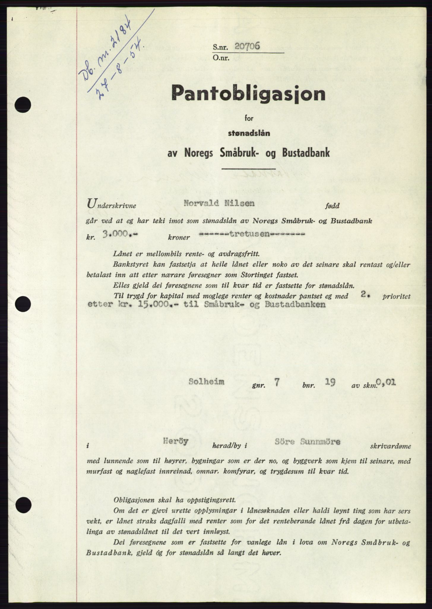 Søre Sunnmøre sorenskriveri, SAT/A-4122/1/2/2C/L0125: Pantebok nr. 13B, 1954-1954, Dagboknr: 2184/1954