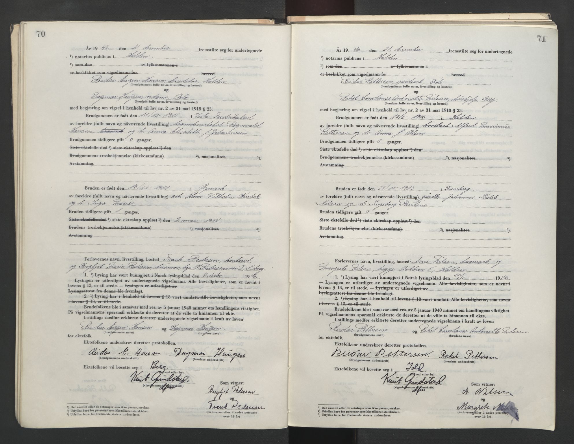 Idd og Marker sorenskriveri, AV/SAO-A-10283/L/Lc/L0001/0004: Vigselsbøker / Vigselsbok, 1945-1949, s. 70-71