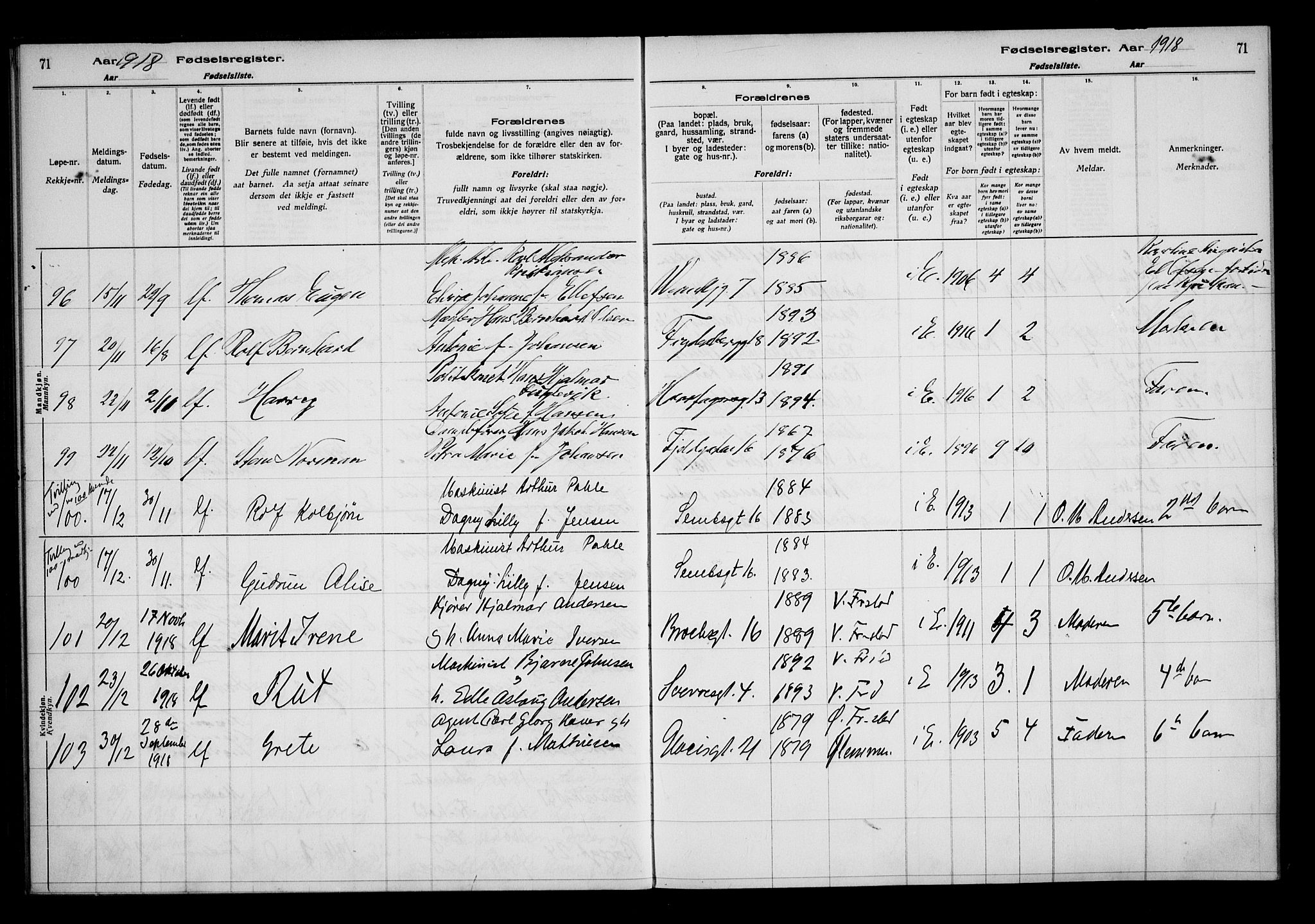 Fredrikstad domkirkes prestekontor Kirkebøker, AV/SAO-A-10906/J/*Ja/L0001: Fødselsregister nr. 1, 1916-1925, s. 71