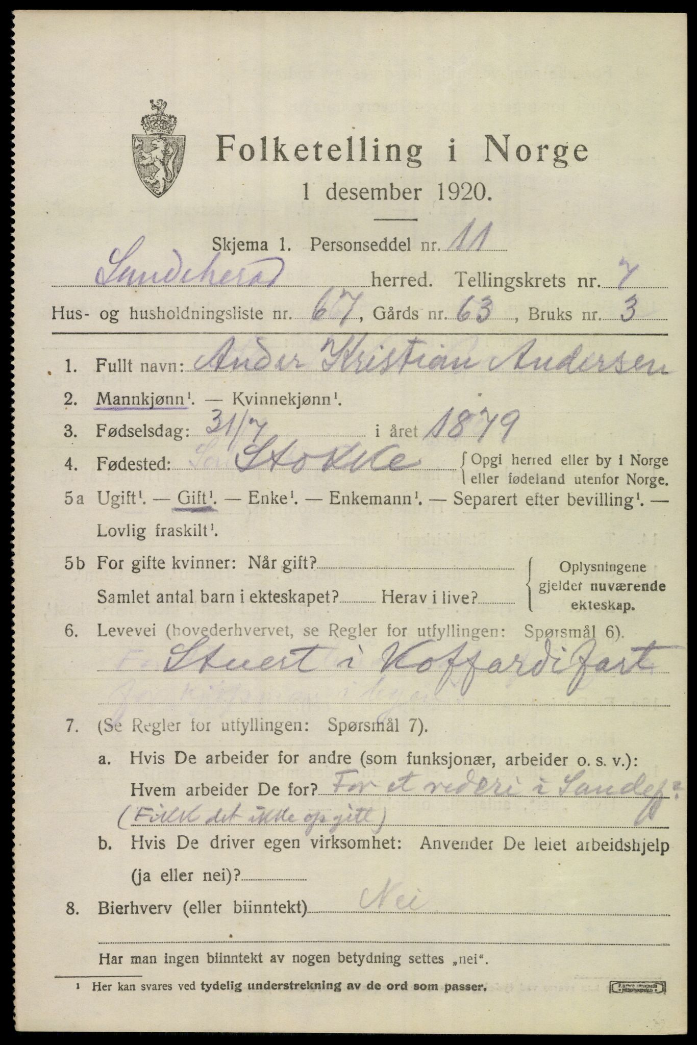 SAKO, Folketelling 1920 for 0724 Sandeherred herred, 1920, s. 12696