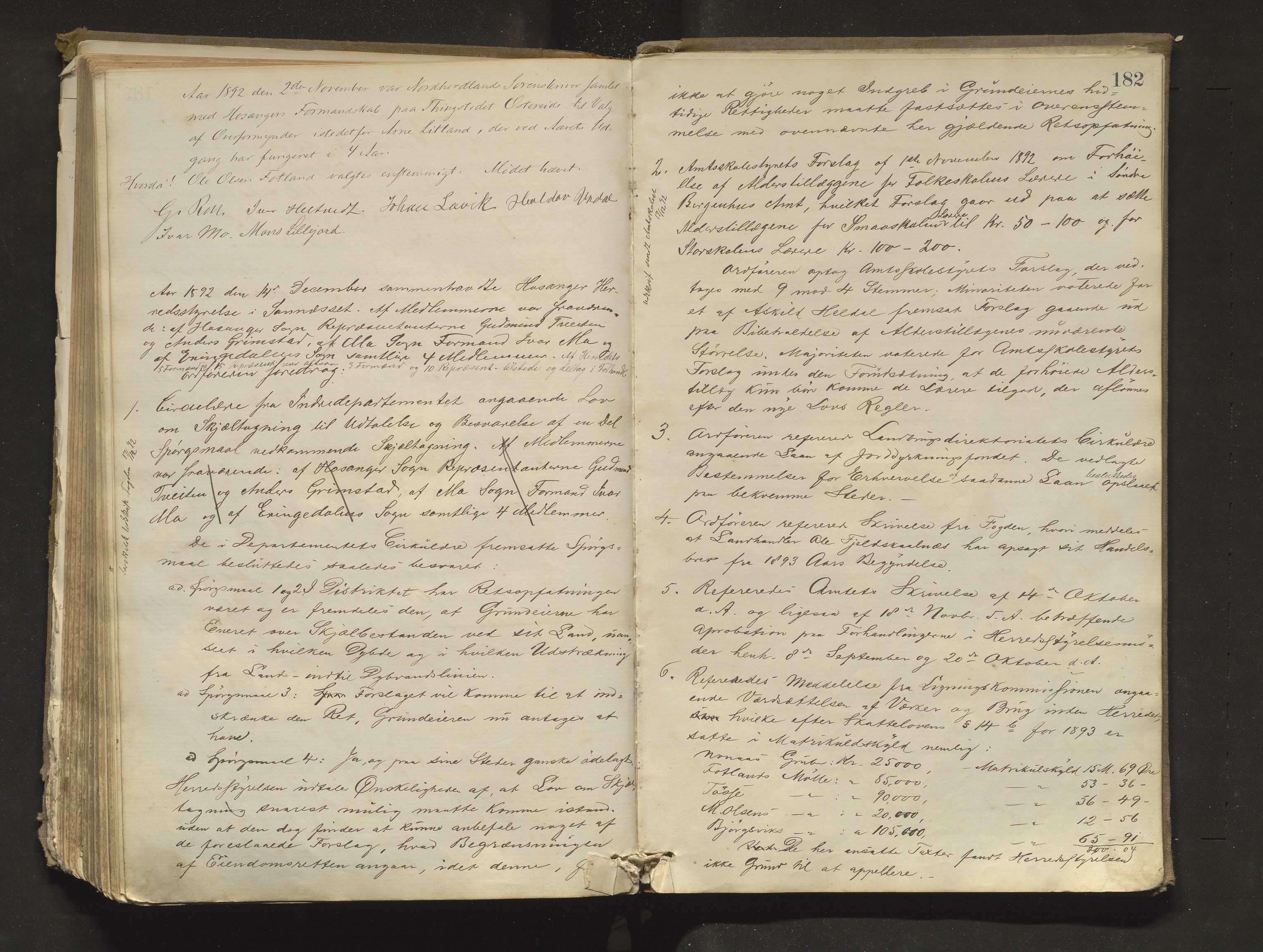 Hosanger kommune. Formannskapet, IKAH/1253a-021/A/Aa/L0003: Møtebok for Hosanger formannskap, heradsstyre og Hosanger soknestyre, 1881-1893, s. 182