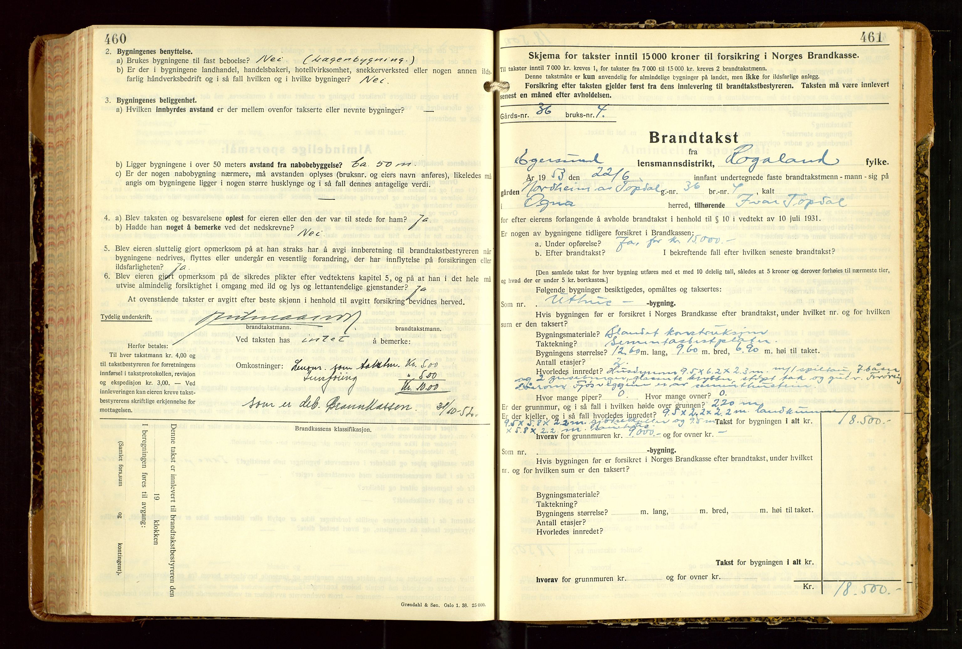 Eigersund lensmannskontor, AV/SAST-A-100171/Gob/L0007: "Brandtakstprotokoll", 1938-1955, s. 460-461