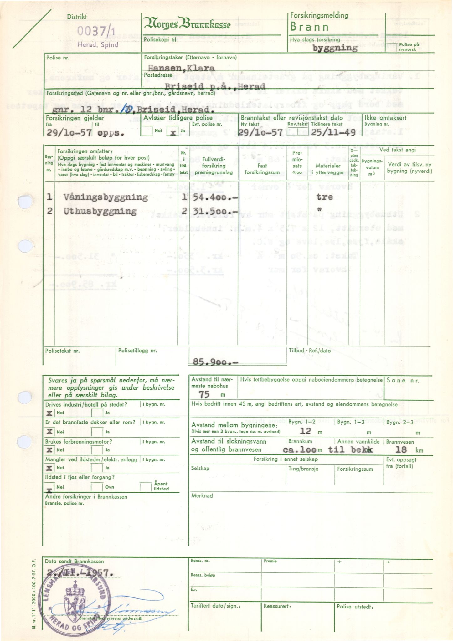 Norges Brannkasse Farsund, AV/SAK-2241-0011/F/Fa/L0006/0001: Branntakstprotokoller nr. 7 og 8 for Farsund, Herad og Spind / Branntakstprotokoll nr. 7 for Farsund, Herad og Spind, alfabetisk etter gårdsnavn, 1956-1958