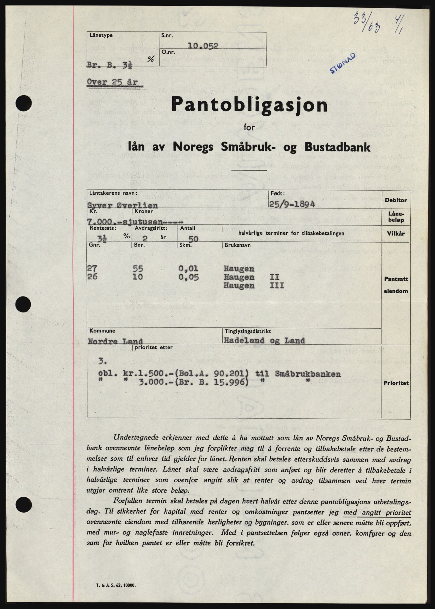 Hadeland og Land tingrett, SAH/TING-010/H/Hb/Hbc/L0050: Pantebok nr. B50, 1962-1963, Dagboknr: 33/1963