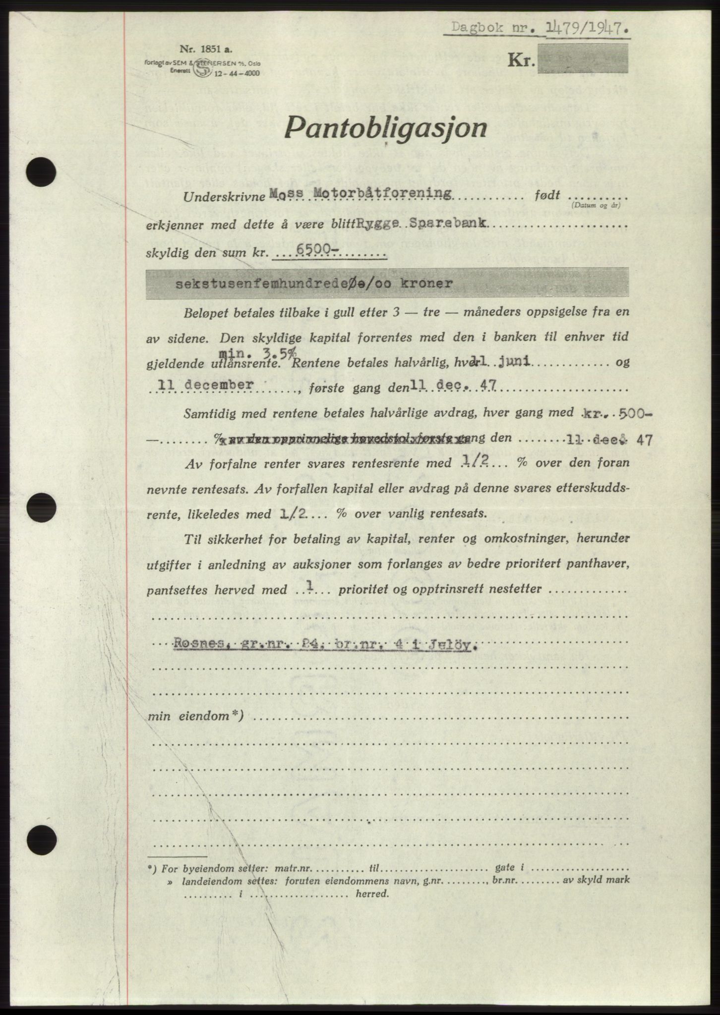Moss sorenskriveri, SAO/A-10168: Pantebok nr. B17, 1947-1947, Dagboknr: 1479/1947