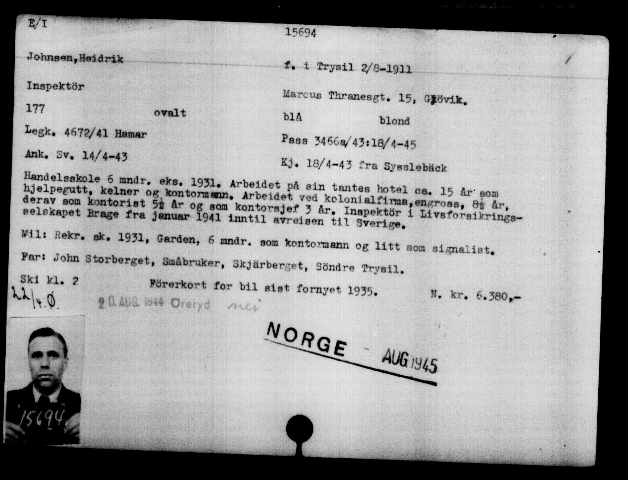 Den Kgl. Norske Legasjons Flyktningskontor, AV/RA-S-6753/V/Va/L0007: Kjesäterkartoteket.  Flyktningenr. 12700-15723, 1940-1945, s. 3430