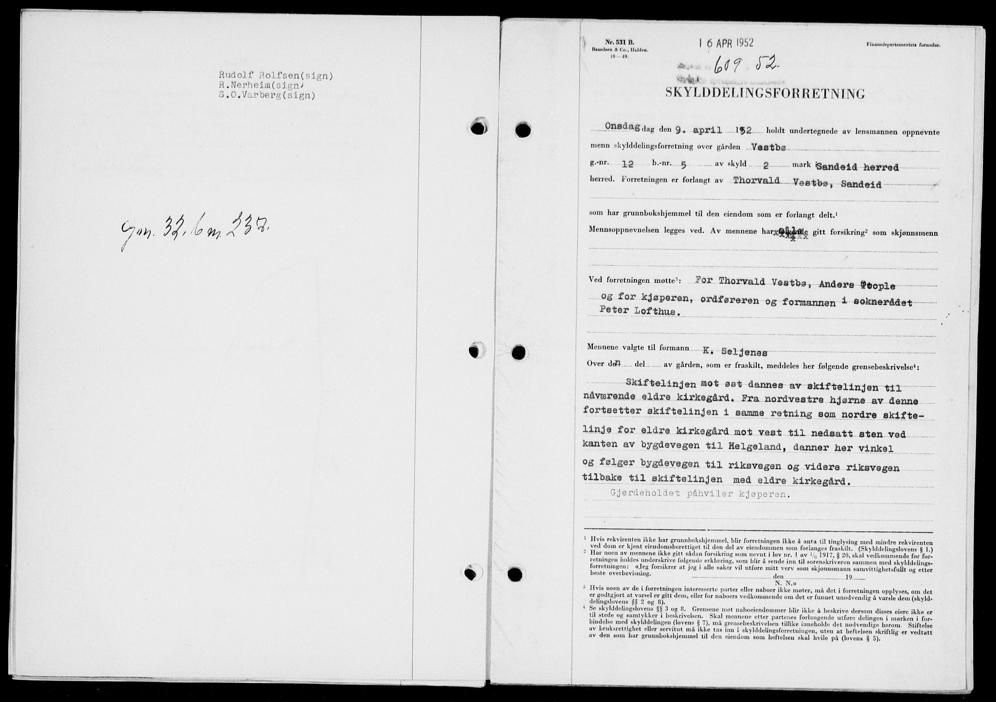 Ryfylke tingrett, SAST/A-100055/001/II/IIB/L0116: Pantebok nr. 95, 1951-1952, Dagboknr: 609/1952
