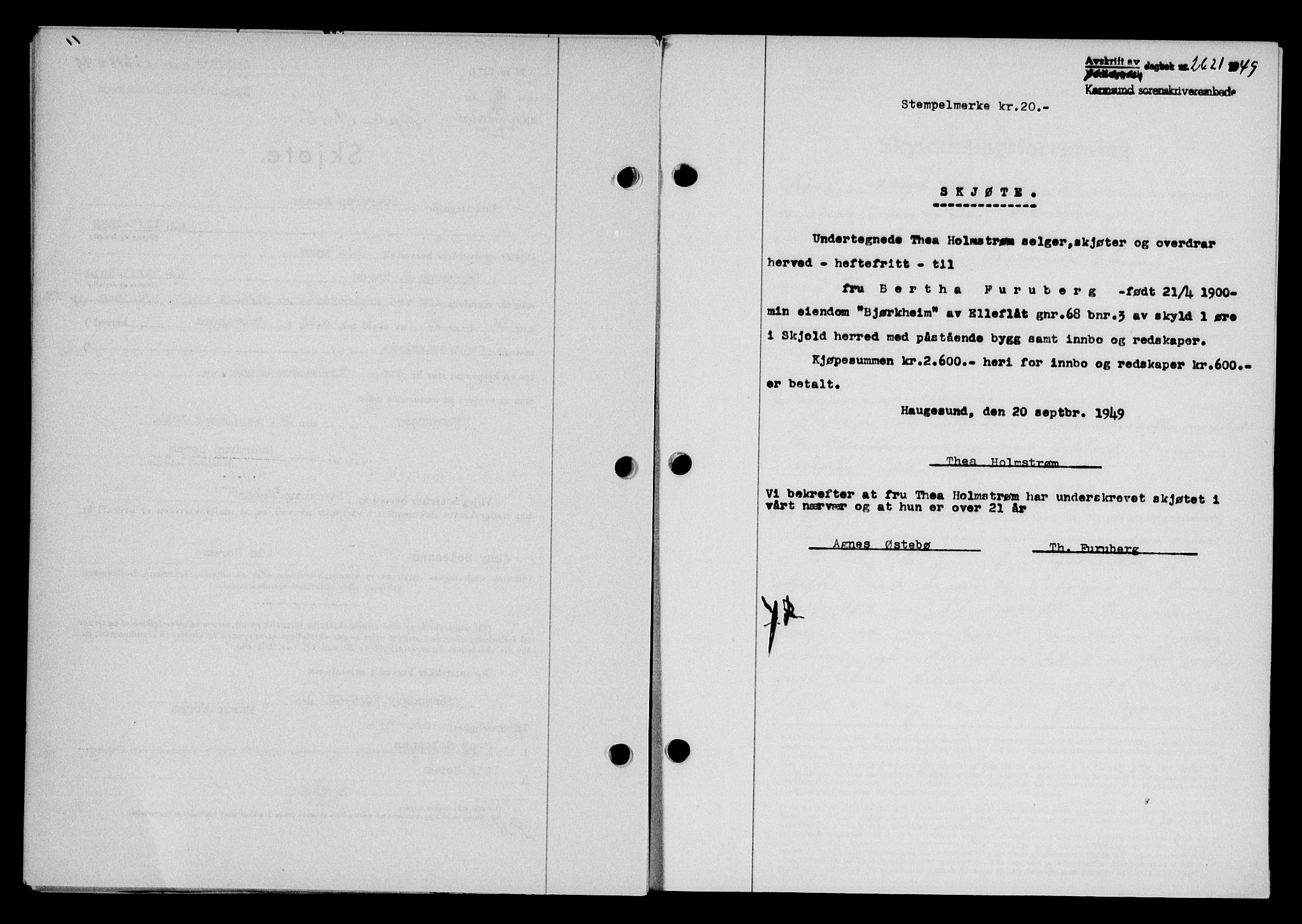 Karmsund sorenskriveri, SAST/A-100311/01/II/IIB/L0097: Pantebok nr. 77A, 1949-1949, Dagboknr: 2621/1949