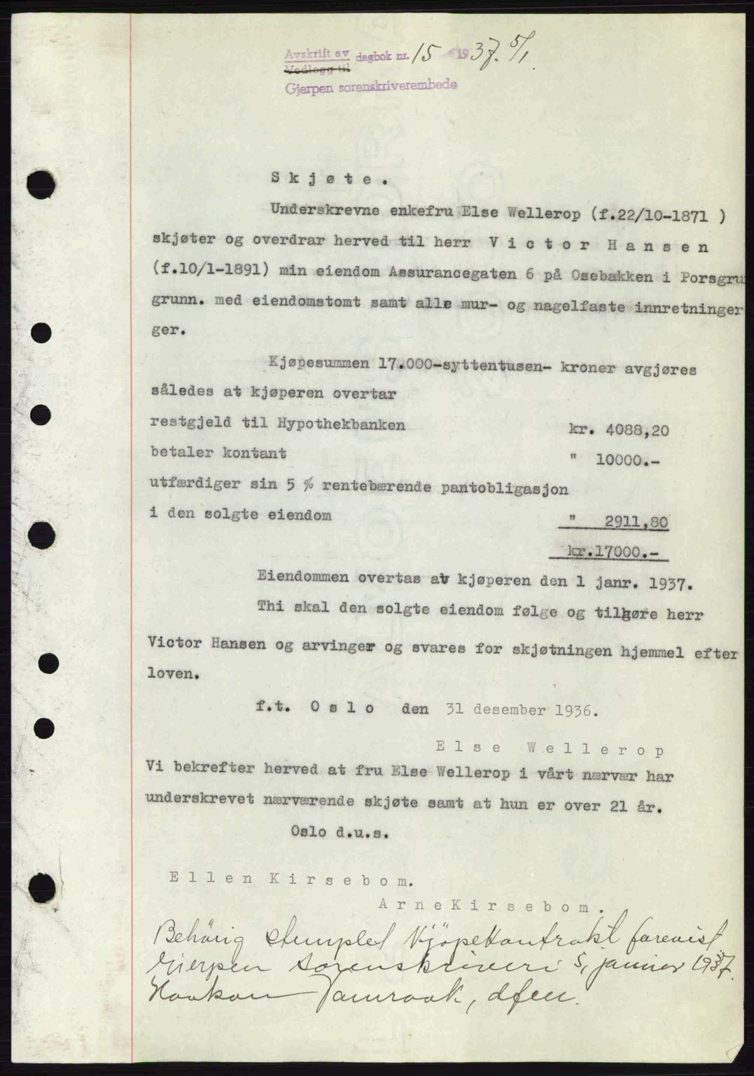 Gjerpen sorenskriveri, SAKO/A-216/G/Ga/Gae/L0067: Pantebok nr. A-66 - A-68, 1936-1937, Dagboknr: 15/1937