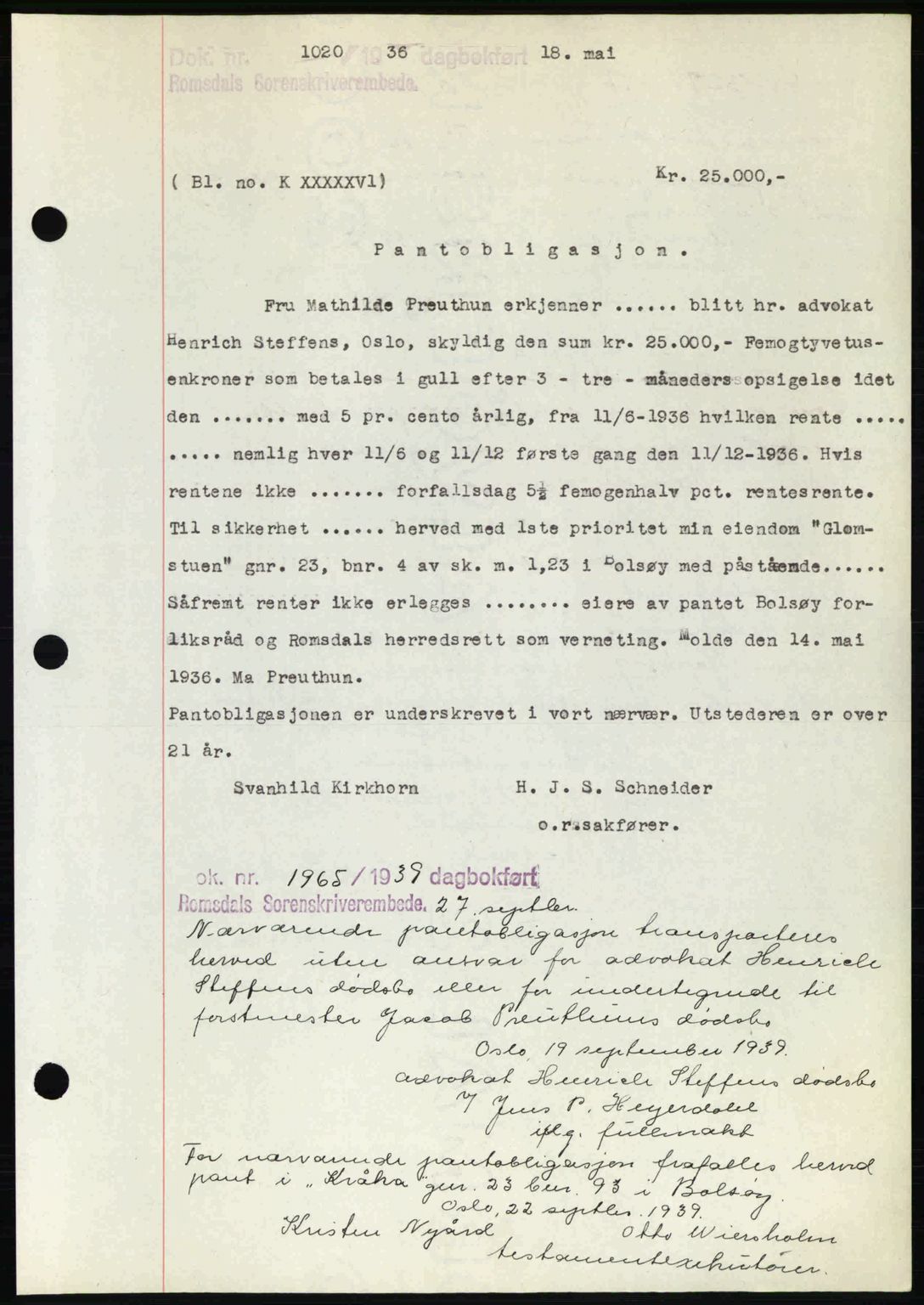 Romsdal sorenskriveri, SAT/A-4149/1/2/2C: Pantebok nr. B1, 1936-1939, Dagboknr: 1020/1936