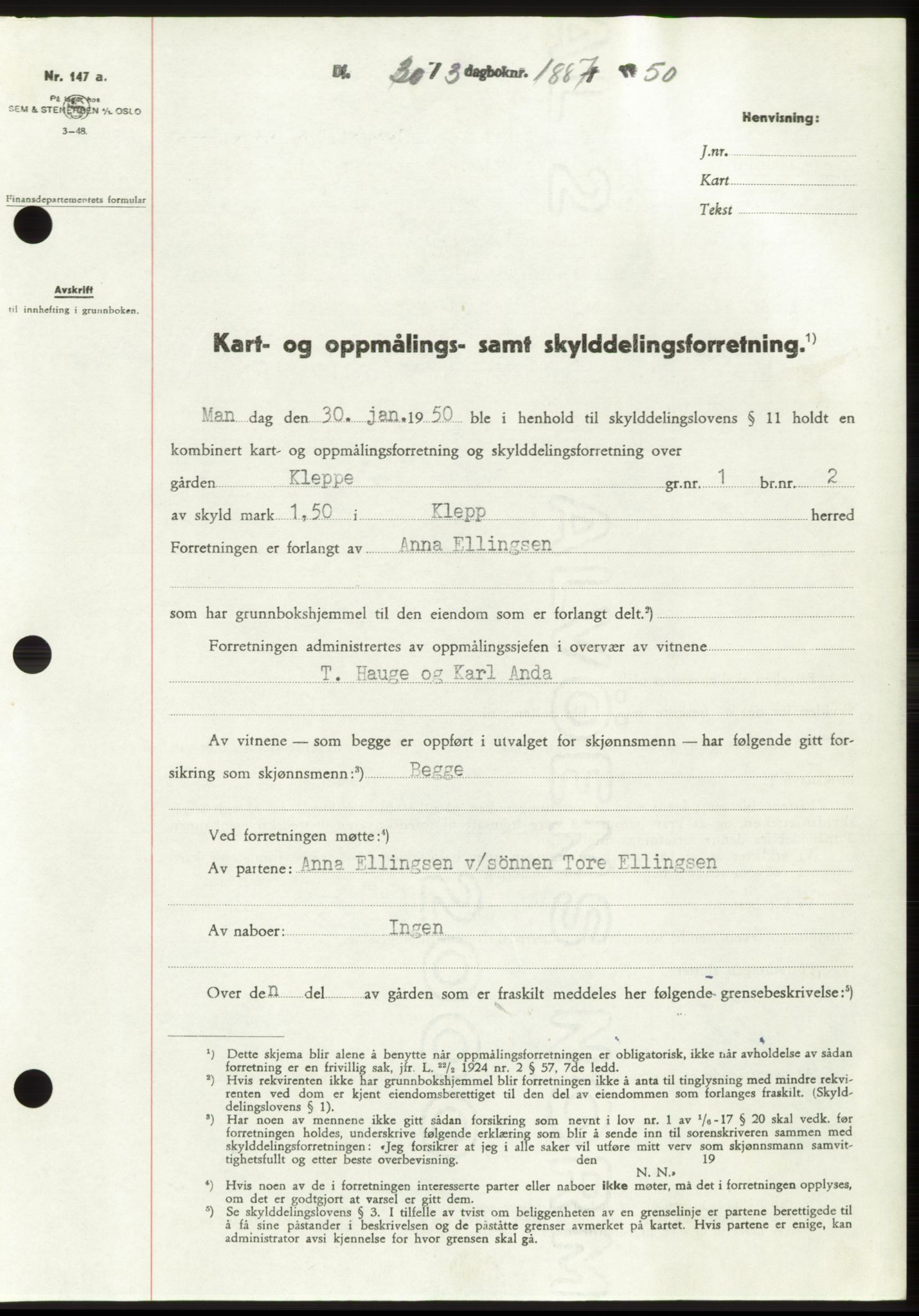 Jæren sorenskriveri, SAST/A-100310/03/G/Gba/L0107: Pantebok, 1950-1950, Dagboknr: 1887/1950