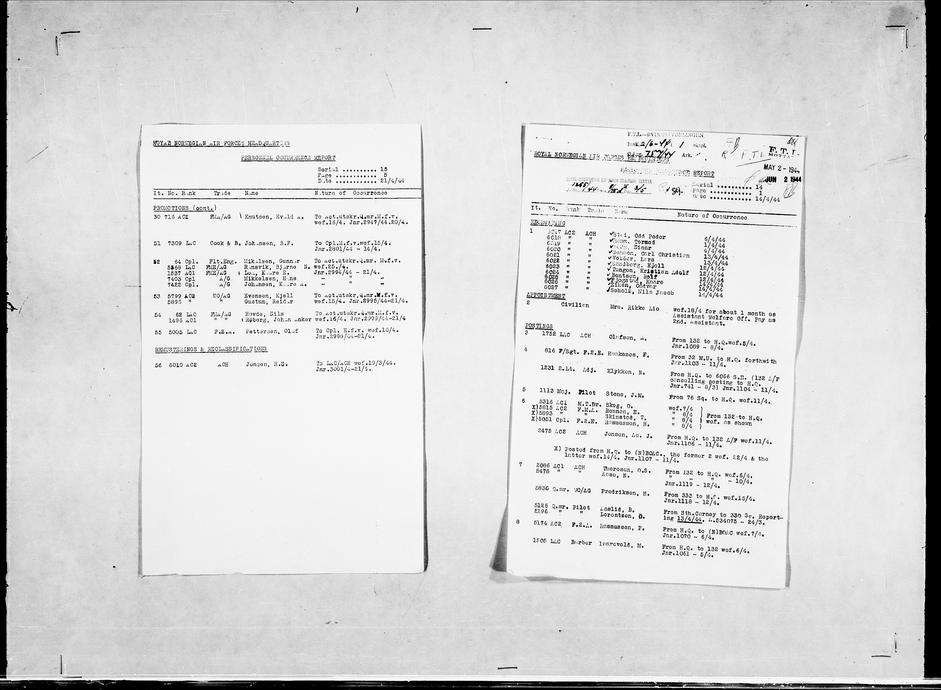 Forsvaret, Flyvåpnenes treningsleir 1940-1945, RA/RAFA-3974/V/L0038: Ekspedisjonskontoret. 8. Personellkontoret, 1940-1945