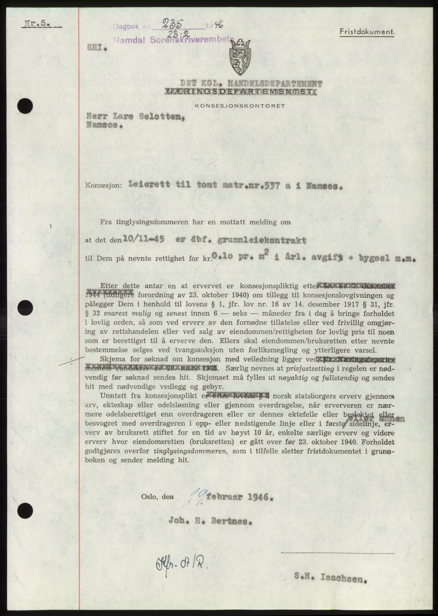 Namdal sorenskriveri, SAT/A-4133/1/2/2C: Pantebok nr. -, 1946-1946, Dagboknr: 235/1946
