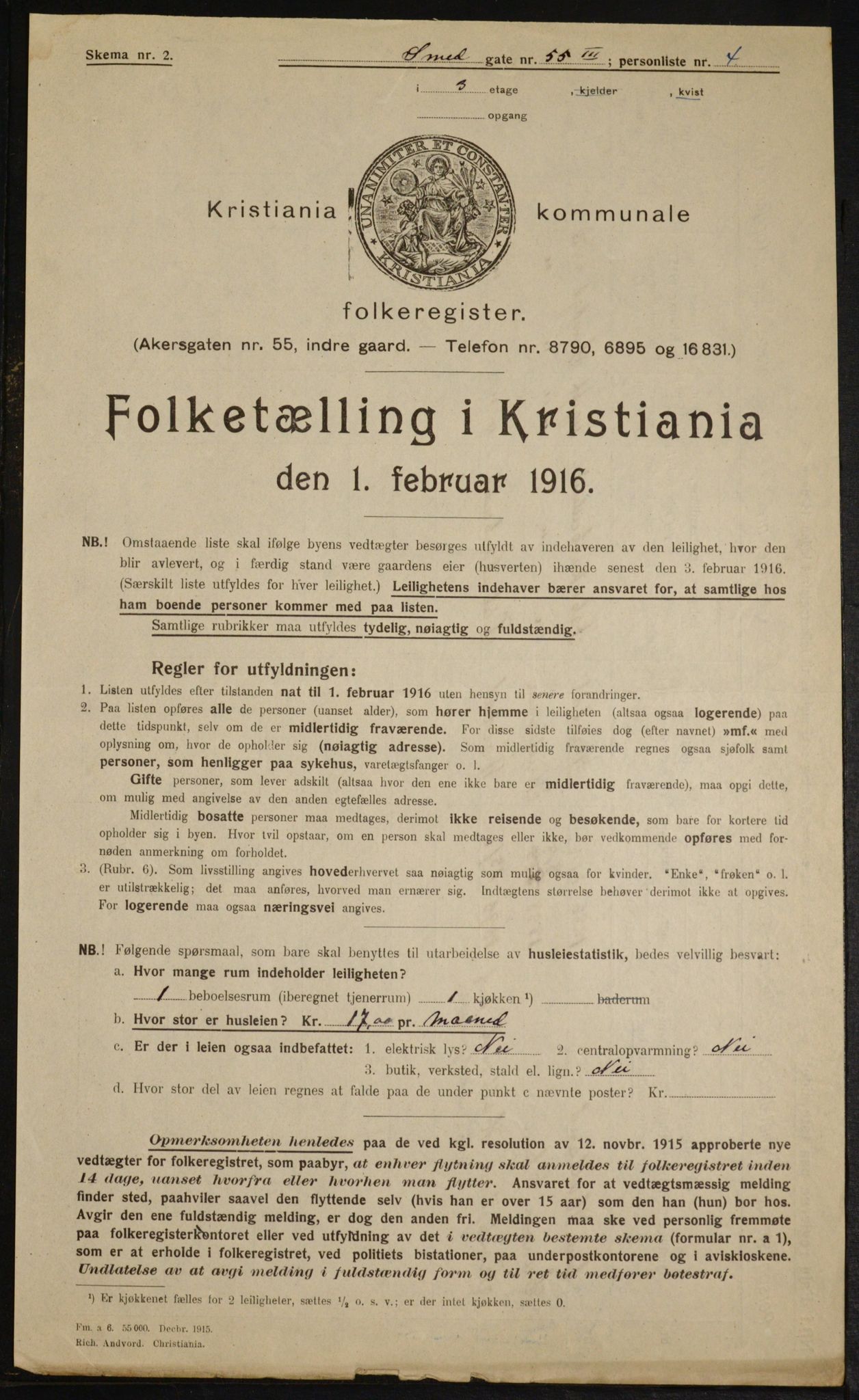 OBA, Kommunal folketelling 1.2.1916 for Kristiania, 1916, s. 100156