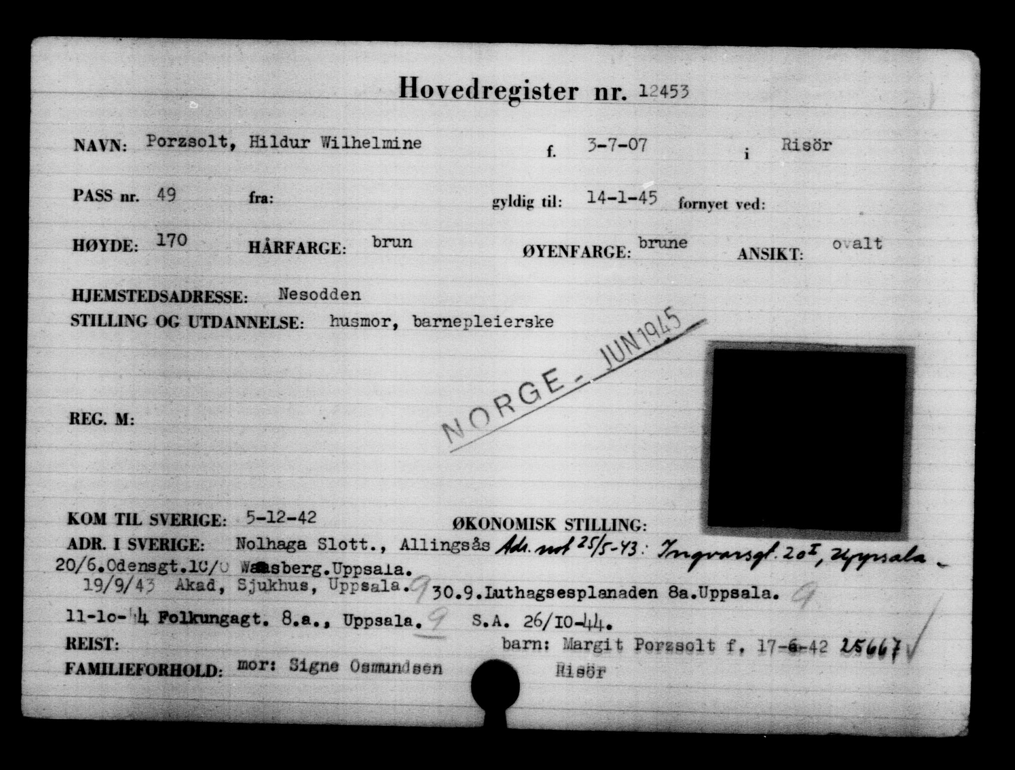 Utenriksstasjonene, Legasjonen i Stockholm, Flyktningkontoret, AV/RA-S-6753/V/Va/L0006: Kjesäterkartoteket, flyktninger med registreringsnr. 9400-12711, 1940-1945, s. 3484