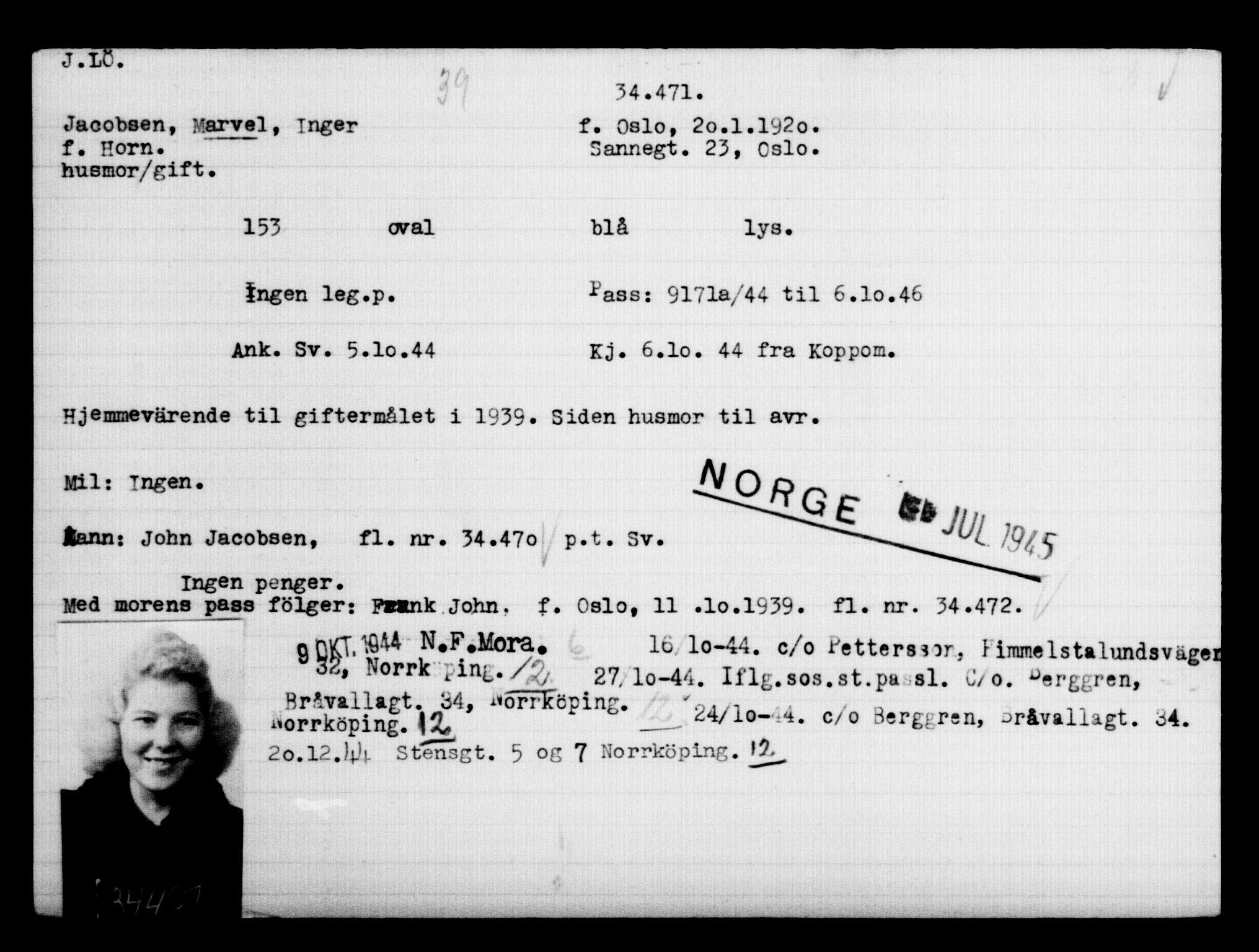 Utenriksstasjonene, Legasjonen i Stockholm, Flyktningkontoret, AV/RA-S-6753/V/Va/L0013: Kjesäterkartoteket, flyktninger med registreringsnr. 31500-34731, 1940-1945, s. 3130