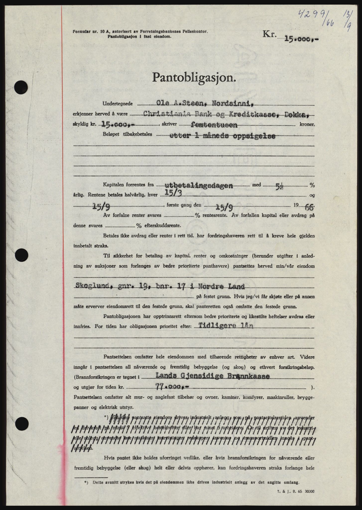 Hadeland og Land tingrett, SAH/TING-010/H/Hb/Hbc/L0064: Pantebok nr. B64, 1966-1966, Dagboknr: 4299/1966