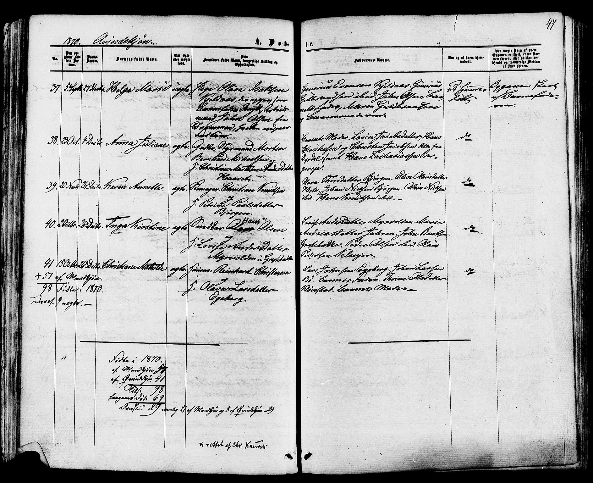 Sande Kirkebøker, AV/SAKO-A-53/F/Fa/L0005: Ministerialbok nr. 5, 1865-1877, s. 47
