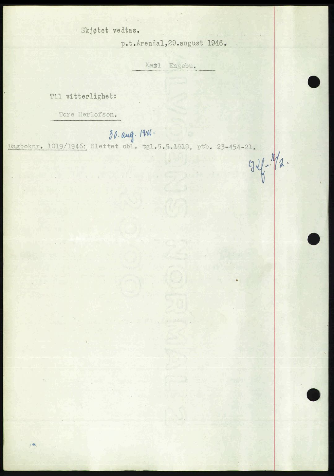 Nedenes sorenskriveri, SAK/1221-0006/G/Gb/Gba/L0056: Pantebok nr. A8, 1946-1947, Dagboknr: 1018/1946