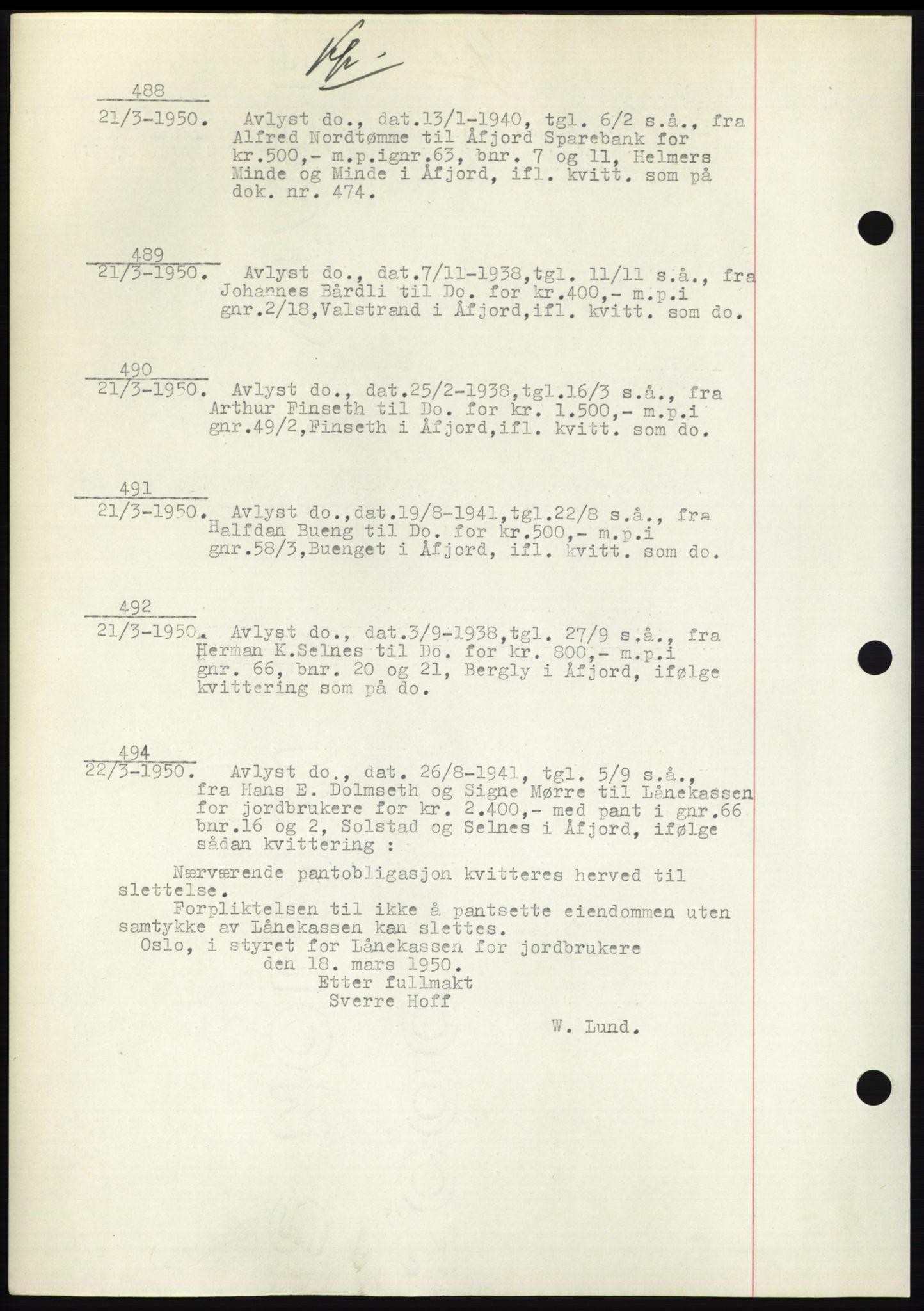 Fosen sorenskriveri, AV/SAT-A-1107/1/2/2C: Pantebok nr. B3, 1948-1950, Dagboknr: 488/1950