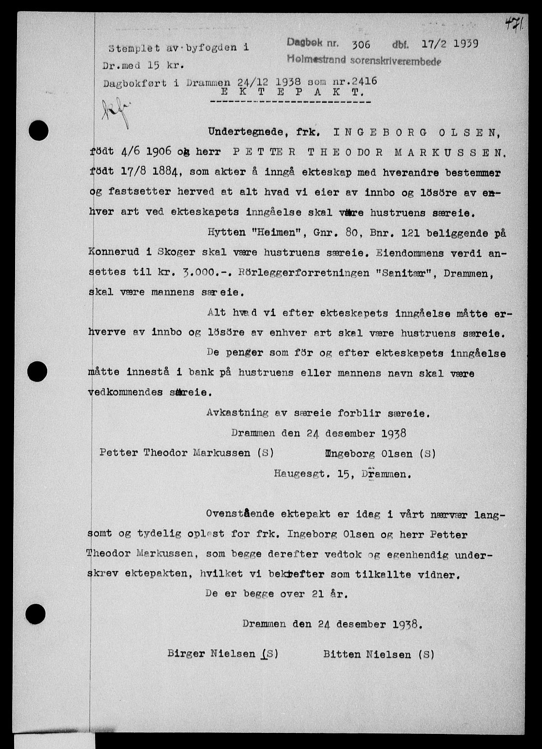 Holmestrand sorenskriveri, SAKO/A-67/G/Ga/Gaa/L0050: Pantebok nr. A-50, 1938-1939, Dagboknr: 306/1939