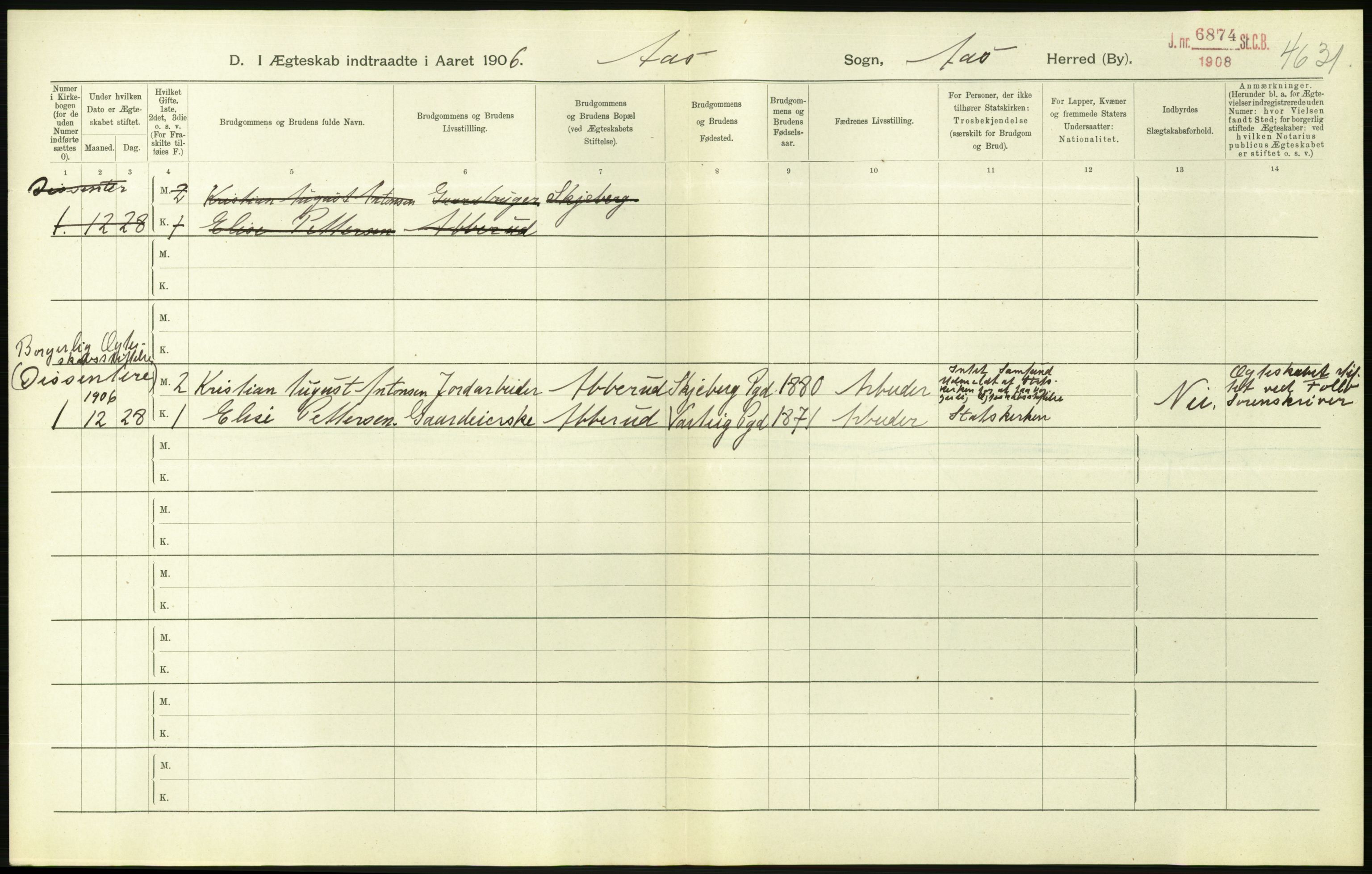 Statistisk sentralbyrå, Sosiodemografiske emner, Befolkning, RA/S-2228/D/Df/Dfa/Dfae/L0005: Akershus amt: Gifte, døde. Bygder og byer., 1907, s. 174