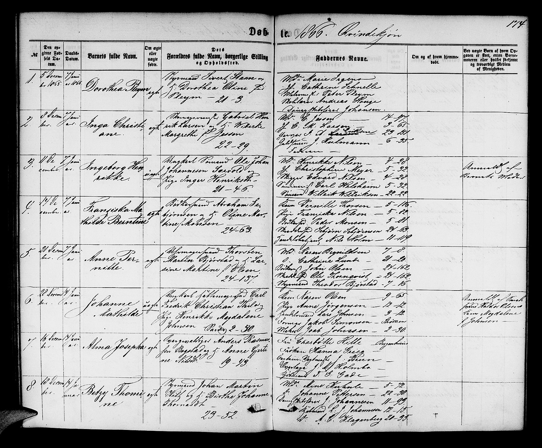 Korskirken sokneprestembete, AV/SAB-A-76101/H/Hab: Klokkerbok nr. B 5, 1863-1868, s. 174