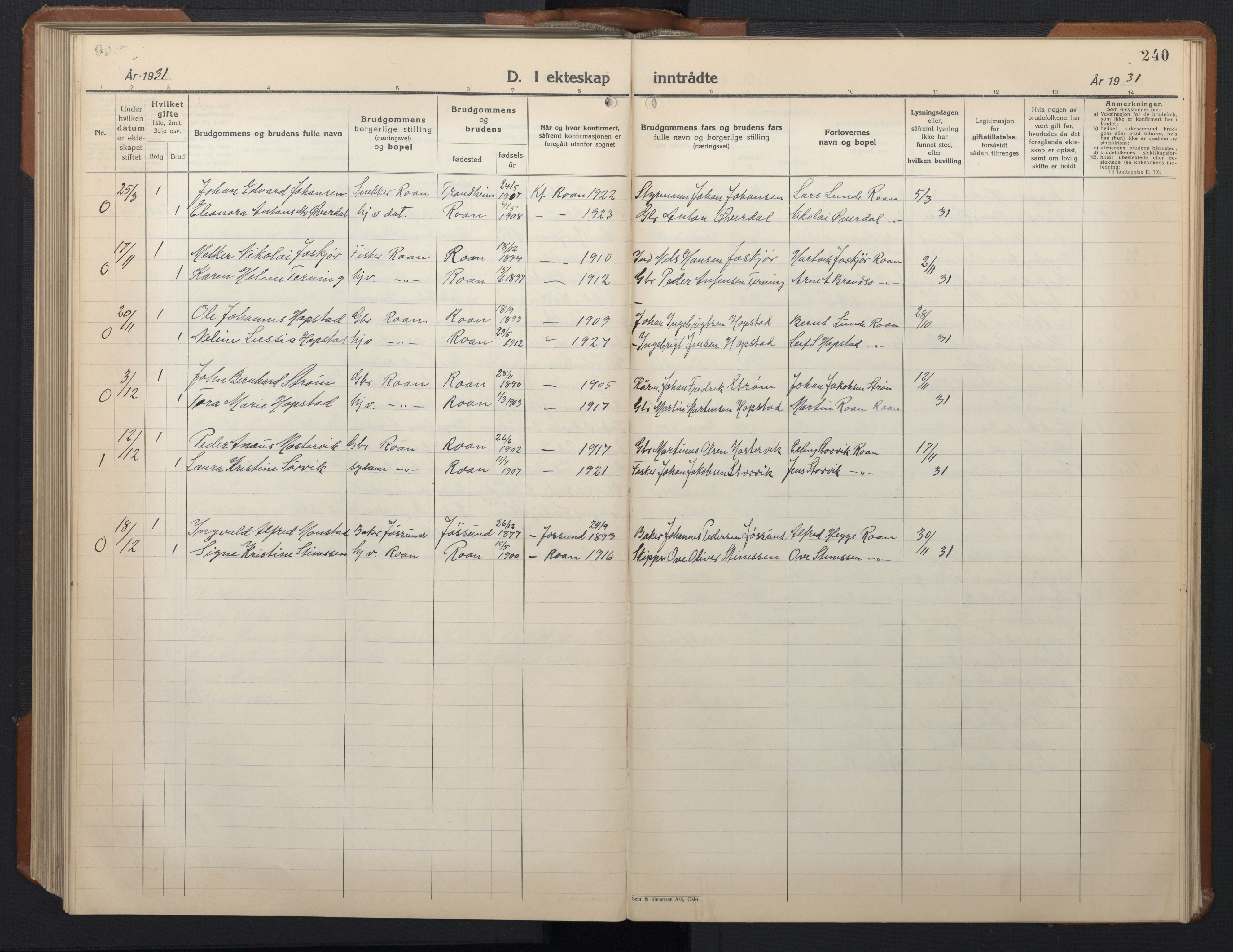 Ministerialprotokoller, klokkerbøker og fødselsregistre - Sør-Trøndelag, SAT/A-1456/657/L0718: Klokkerbok nr. 657C05, 1923-1948, s. 240