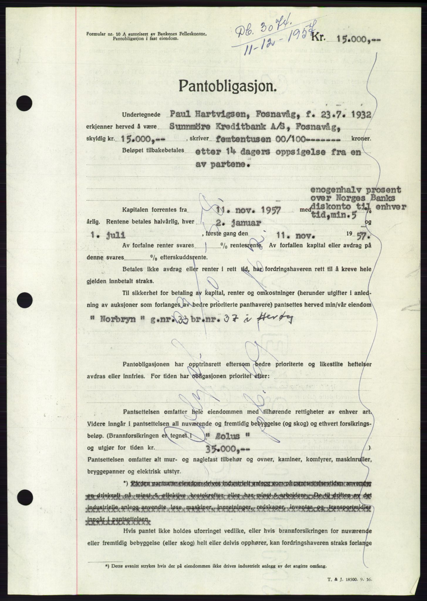 Søre Sunnmøre sorenskriveri, AV/SAT-A-4122/1/2/2C/L0130: Pantebok nr. 18B, 1957-1958, Dagboknr: 3074/1957
