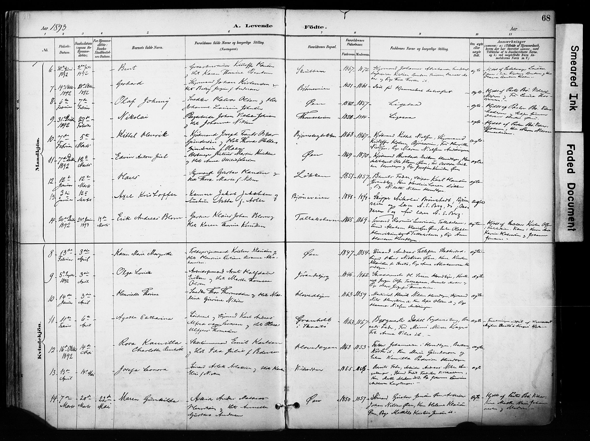 Kragerø kirkebøker, AV/SAKO-A-278/F/Fa/L0013: Ministerialbok nr. 13, 1887-1915, s. 68