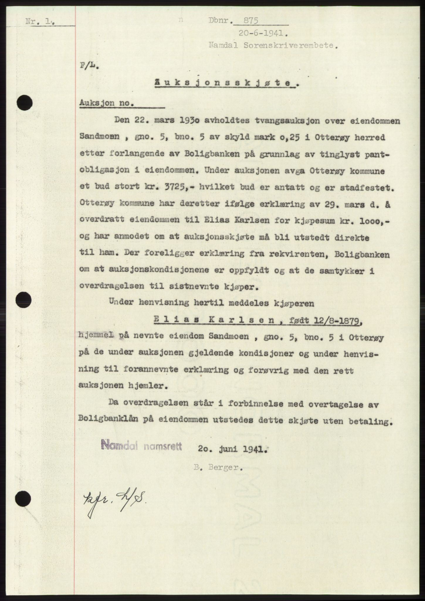 Namdal sorenskriveri, SAT/A-4133/1/2/2C: Pantebok nr. -, 1940-1941, Tingl.dato: 20.06.1941