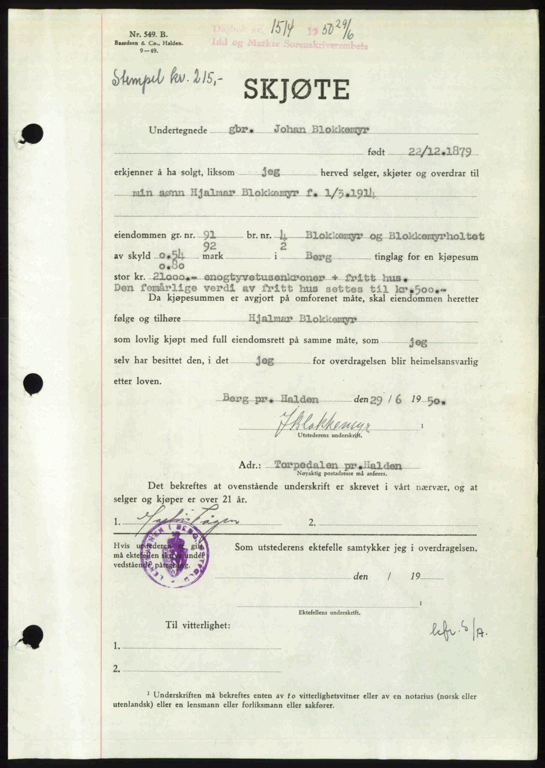 Idd og Marker sorenskriveri, AV/SAO-A-10283/G/Gb/Gbb/L0014: Pantebok nr. A14, 1950-1950, Dagboknr: 1514/1950