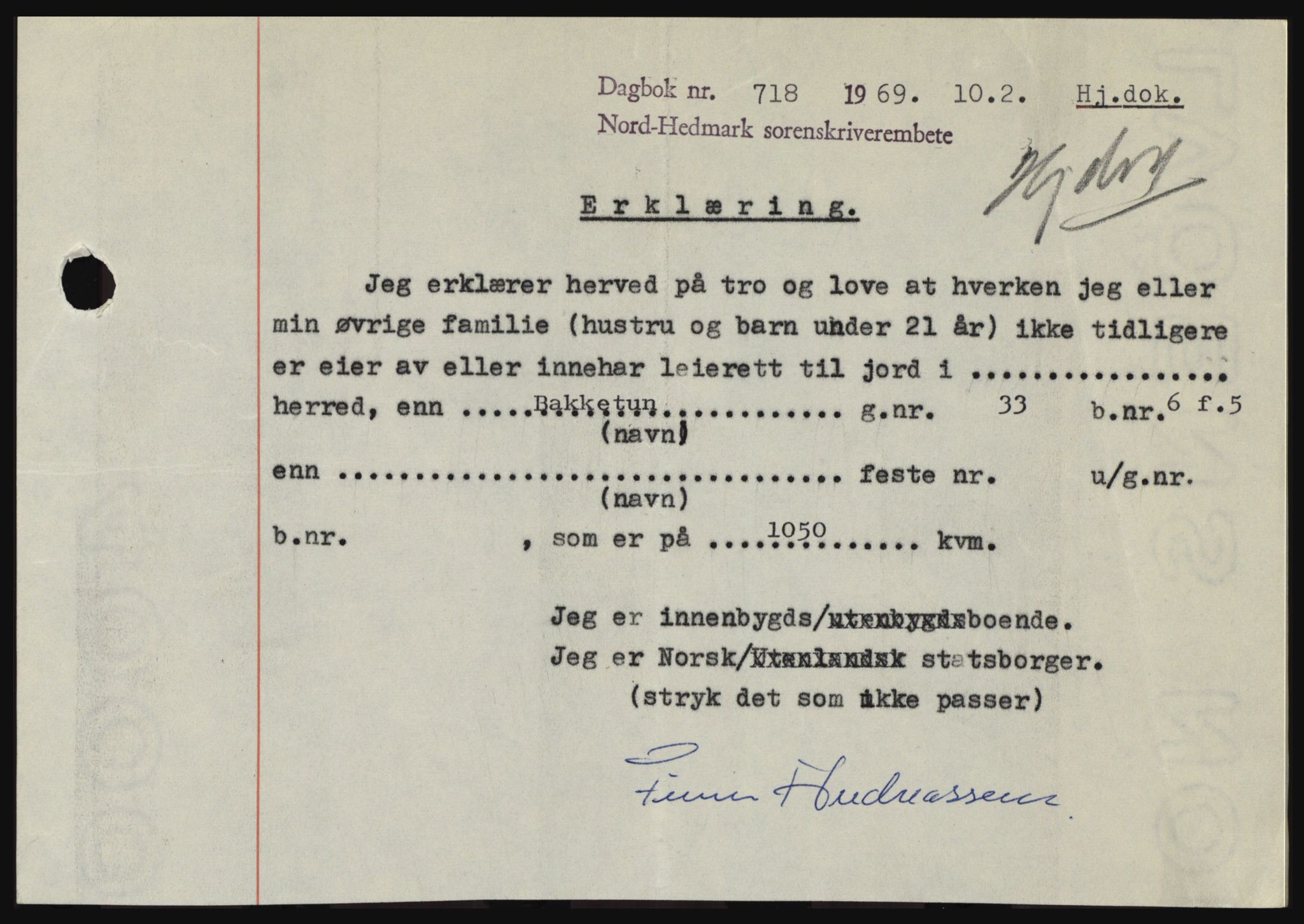 Nord-Hedmark sorenskriveri, SAH/TING-012/H/Hc/L0030: Pantebok nr. 30, 1969-1969, Dagboknr: 718/1969