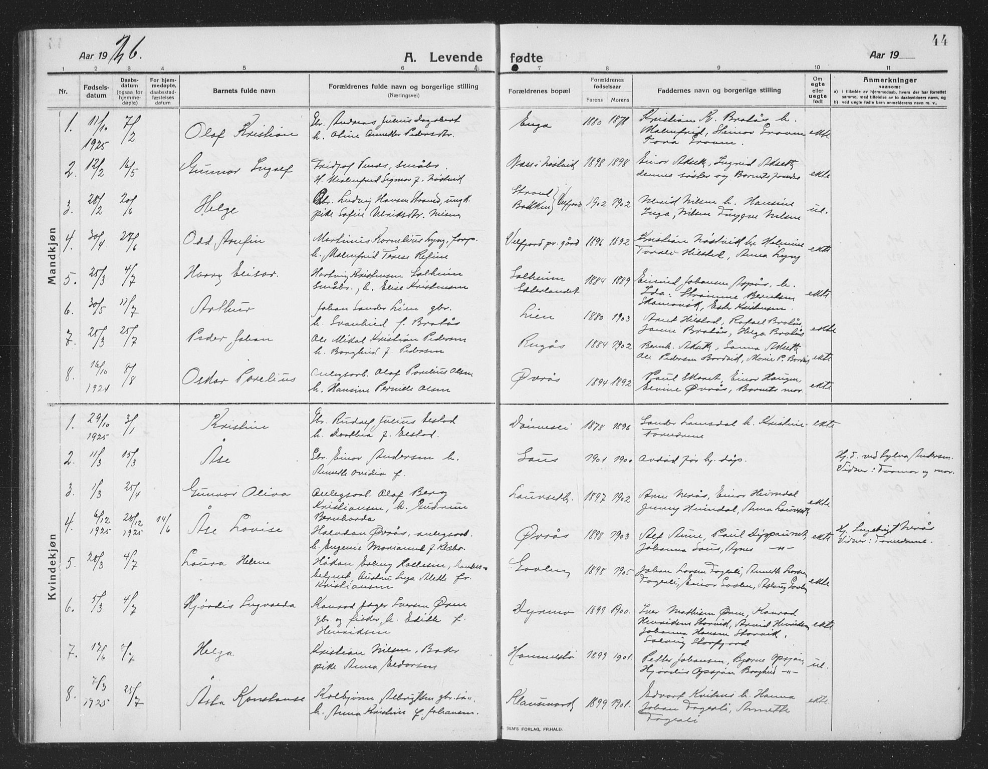 Ministerialprotokoller, klokkerbøker og fødselsregistre - Nordland, AV/SAT-A-1459/814/L0231: Klokkerbok nr. 814C04, 1912-1926, s. 44